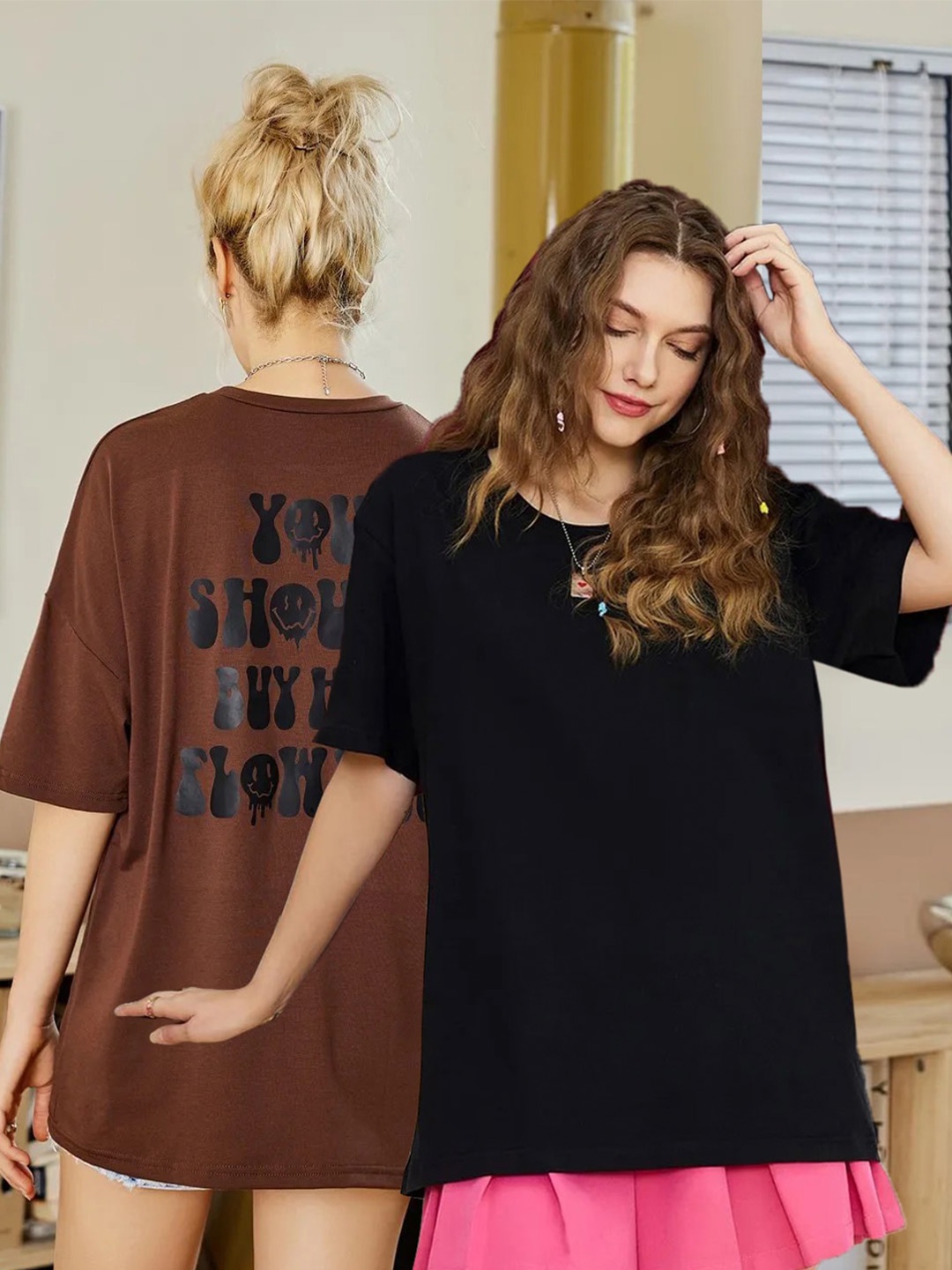

Christy World Pack Of 2 Printed Drop Shoulder Cotton Oversized T-shirt, Black