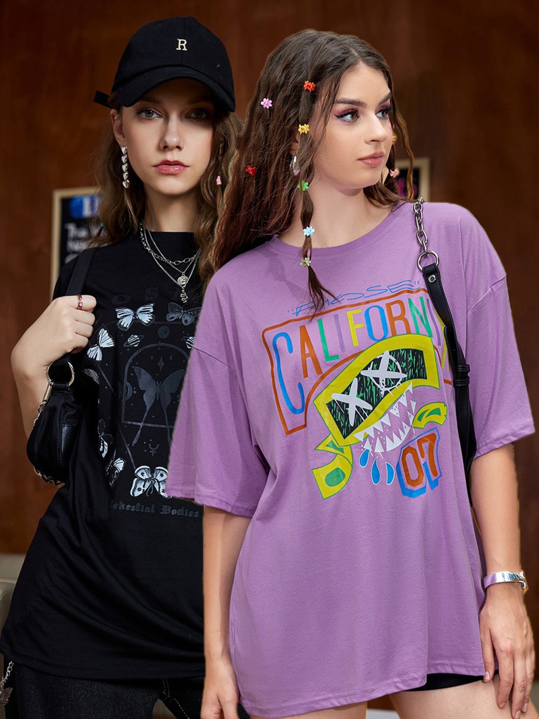 

Christy World Pack Of 2 Printed Drop Shoulder Cotton Oversized T-shirt, Black