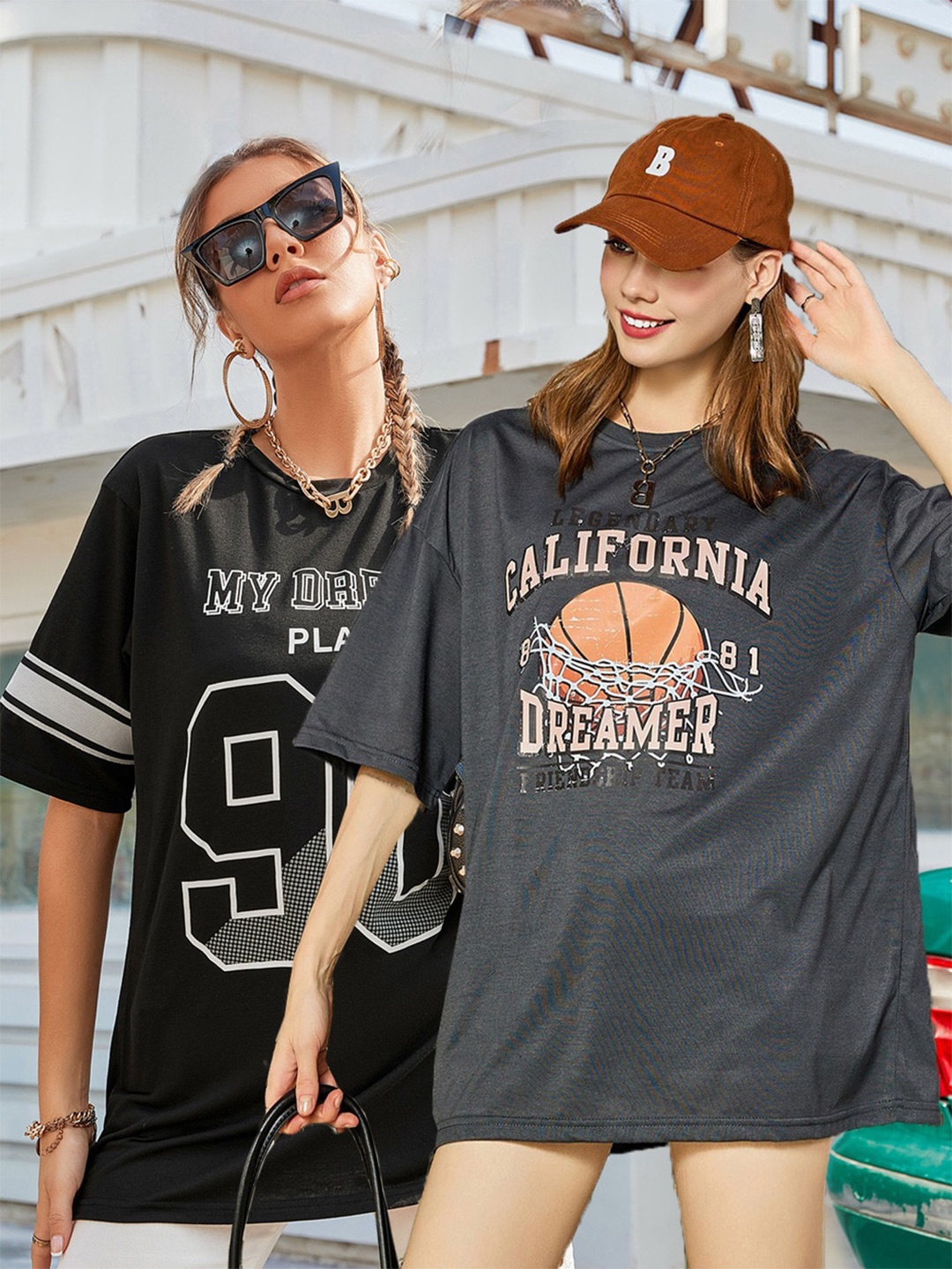 

Christy World Pack of 2 Typography Printed Oversized T-shirt, Black