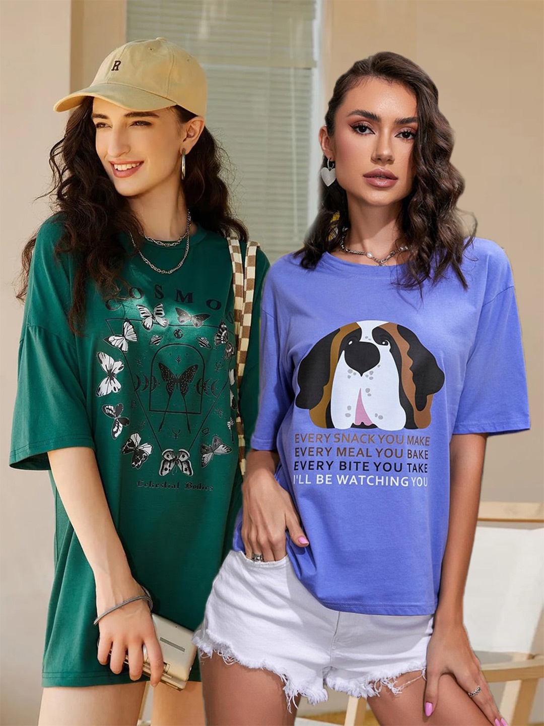 

Christy World Pack Of 2 Printed Oversized Cotton T-shirts, Green