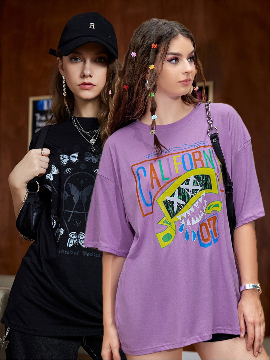 

Christy World Pack of 2 Typography Printed Oversized T-shirt, Black