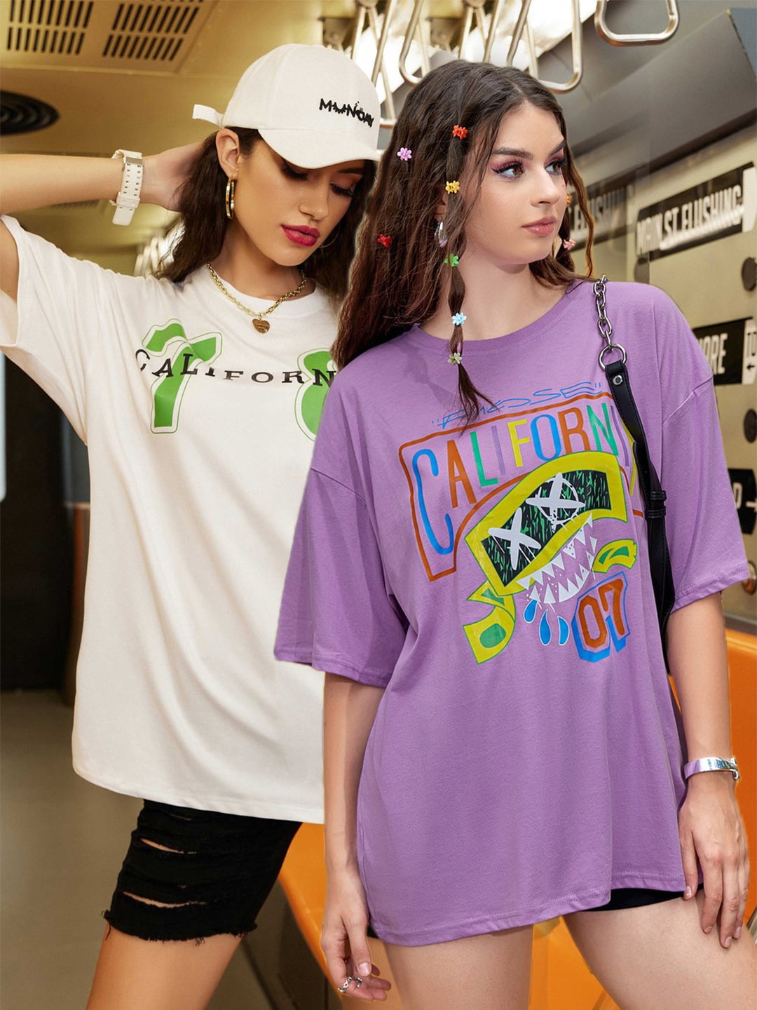 

Christy World Women Pack of 2 Printed Oversized Cotton T-shirts, Purple