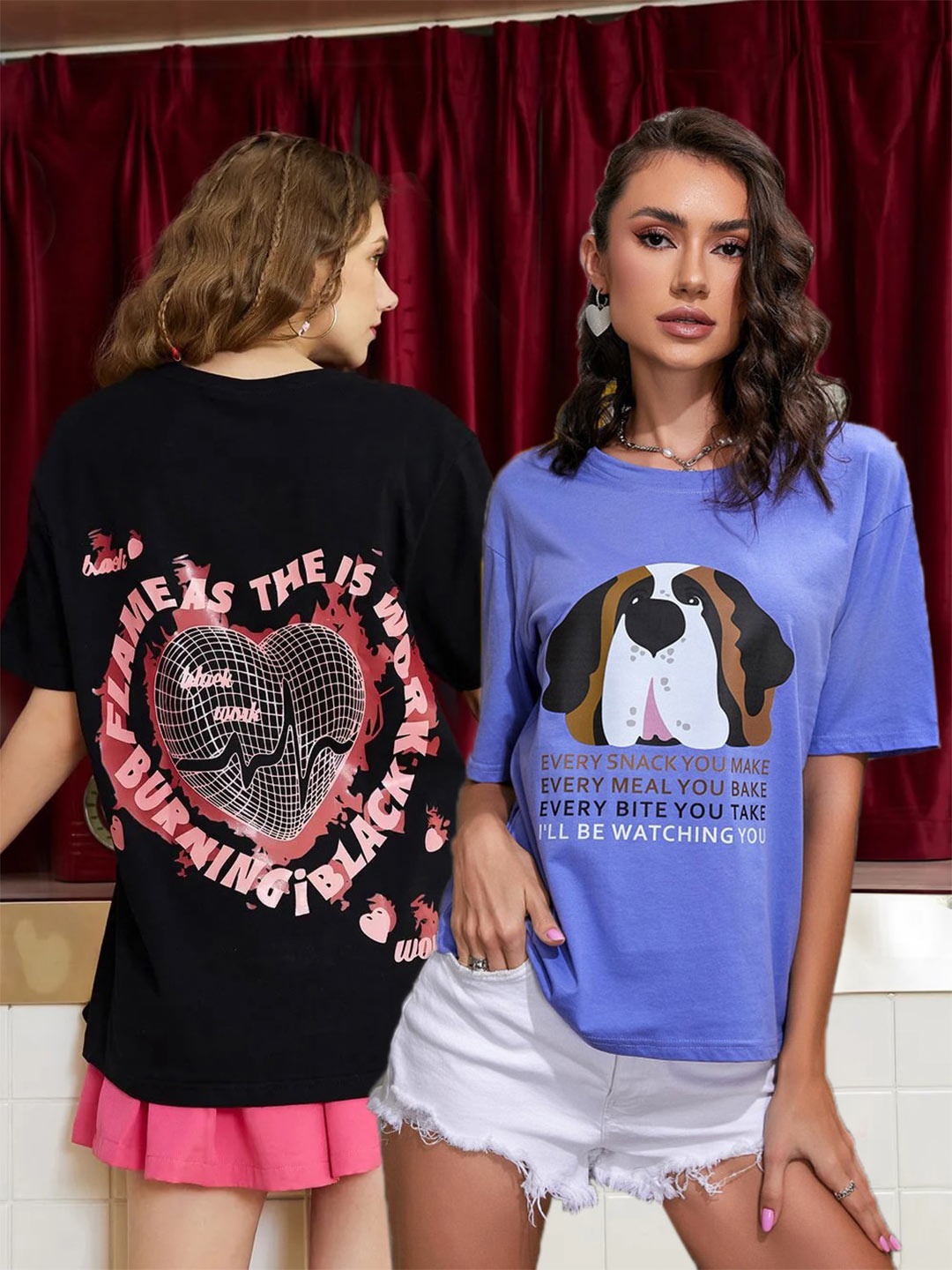 

Christy World Pack of 2 Typography Printed Oversized T-shirt, Black