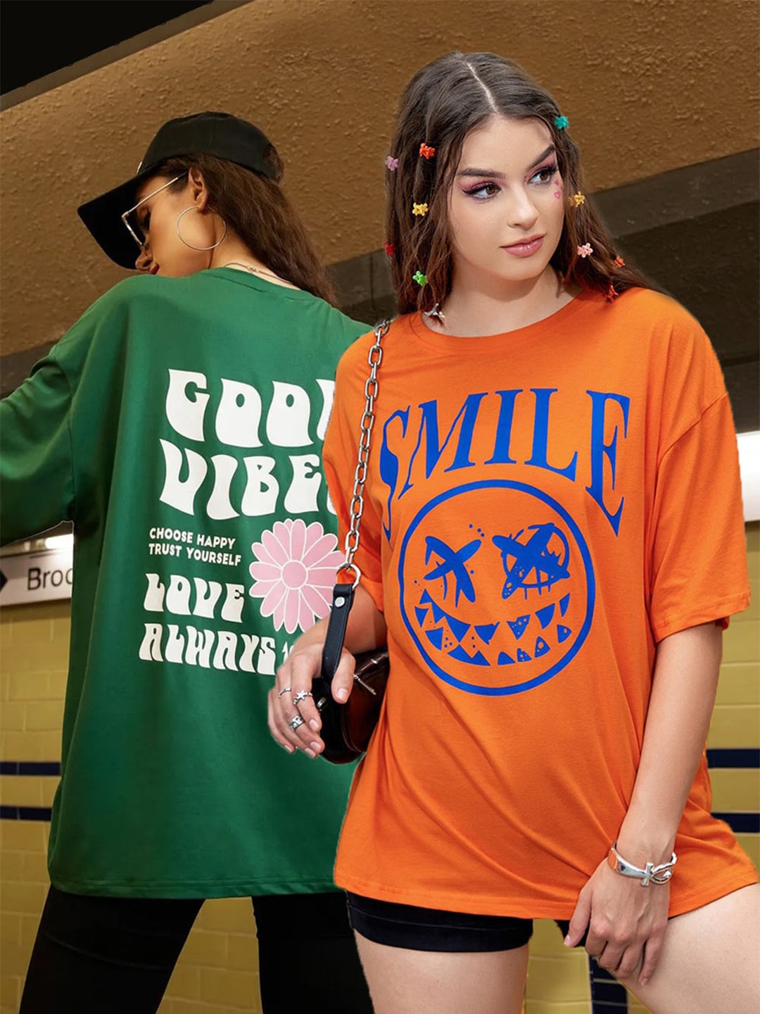 

Christy World Pack of 2 Typography Printed Oversized T-shirt, Green