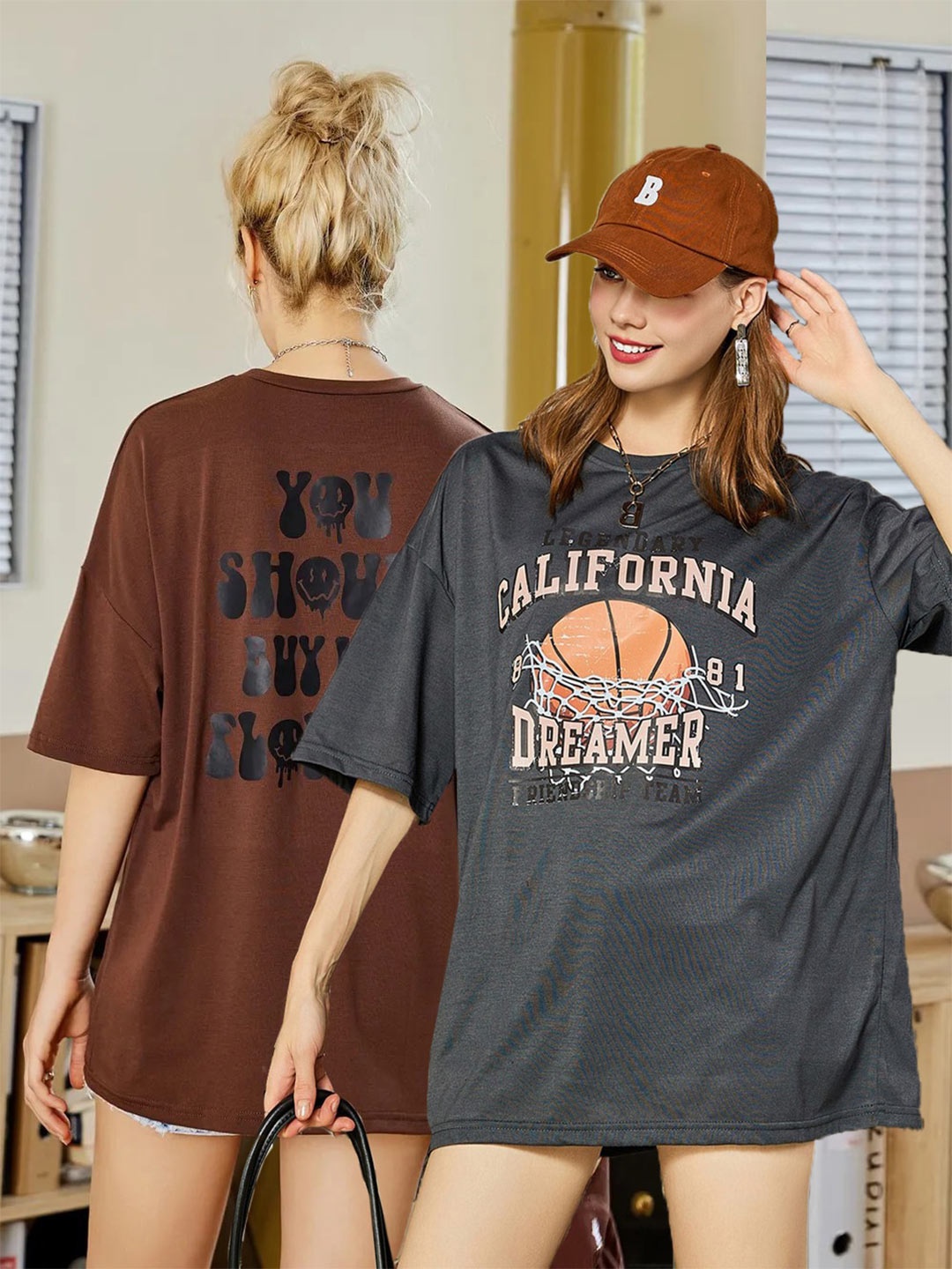 

Christy World Pack of 2 Typography Printed Oversized T-shirt, Brown