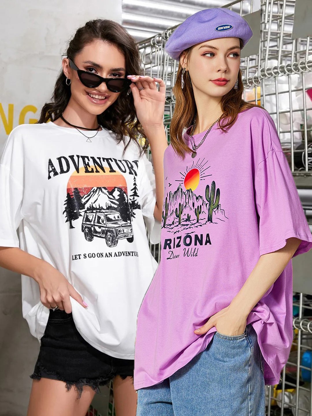 

Christy World Women Pack of 2 Printed Oversized Cotton T-shirts, Purple
