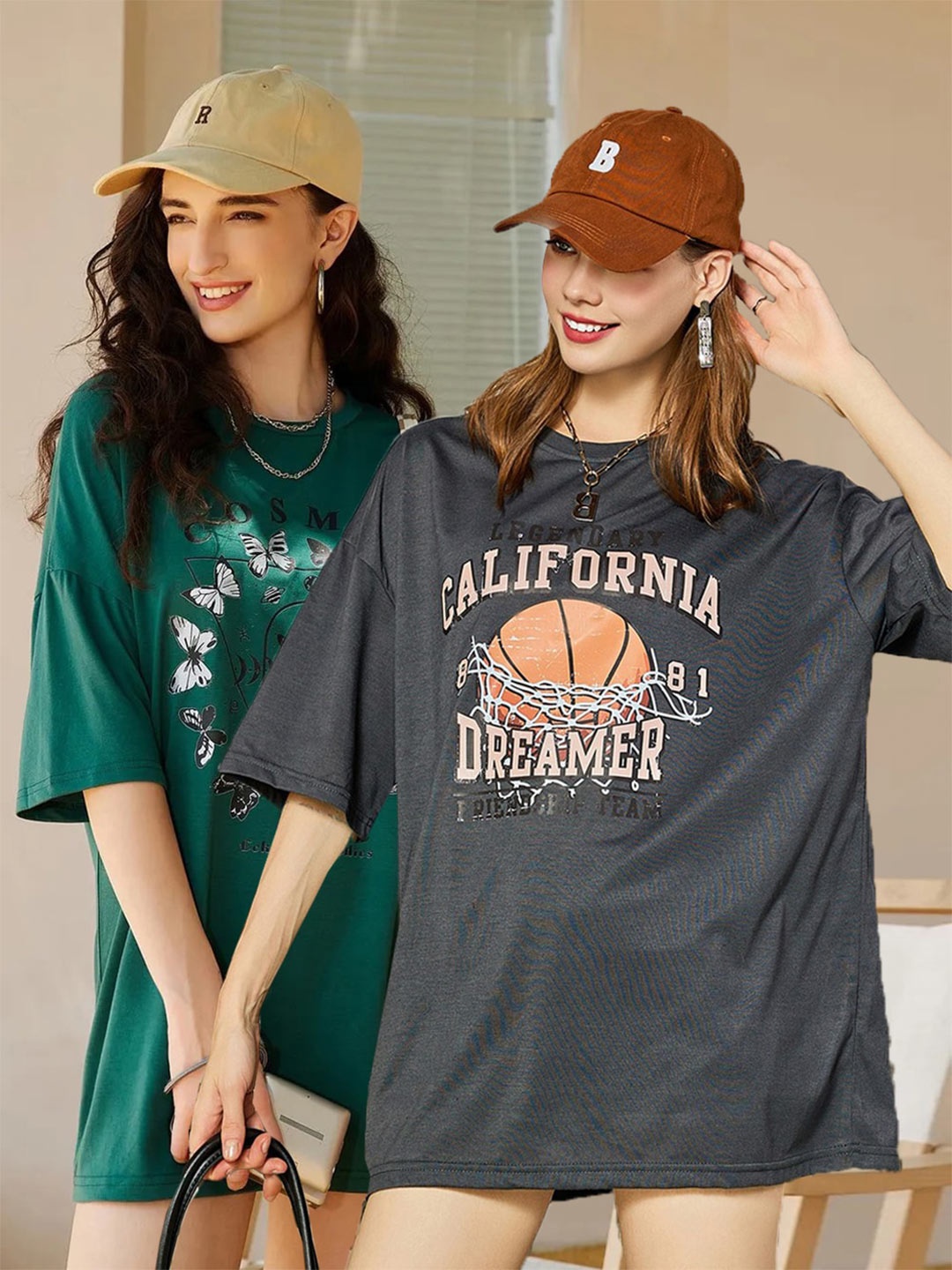 

Christy World Pack Of 2 Printed Oversized Cotton T-shirts, Green