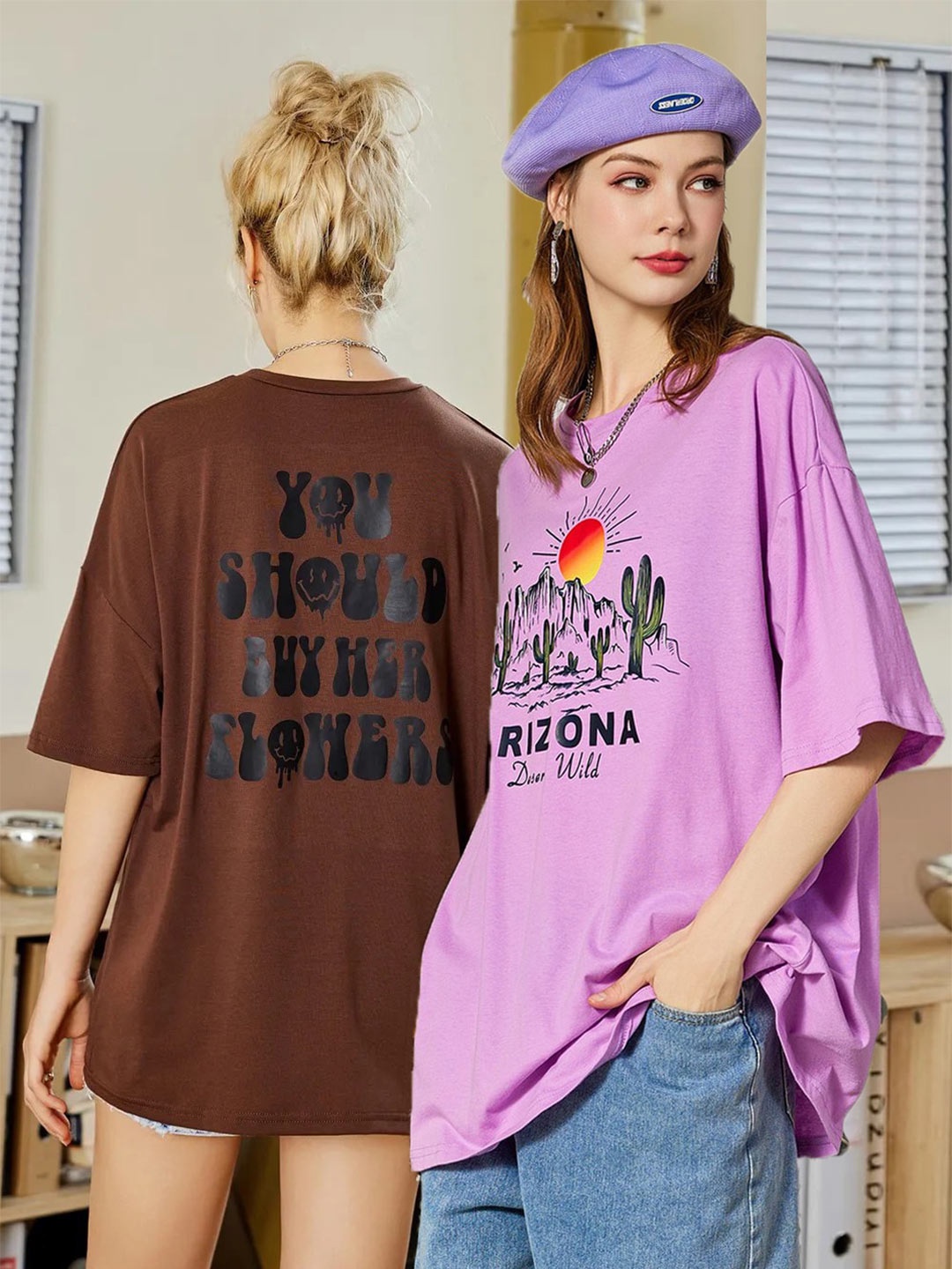 

Christy World Pack Of 2 Printed Drop Shoulder Cotton Oversized T-shirt, Maroon