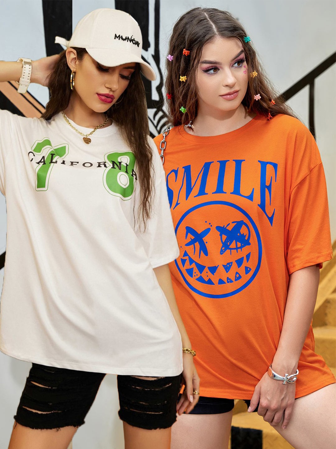 

Christy World Pack of 2 Typography Printed Oversized T-shirt, Beige