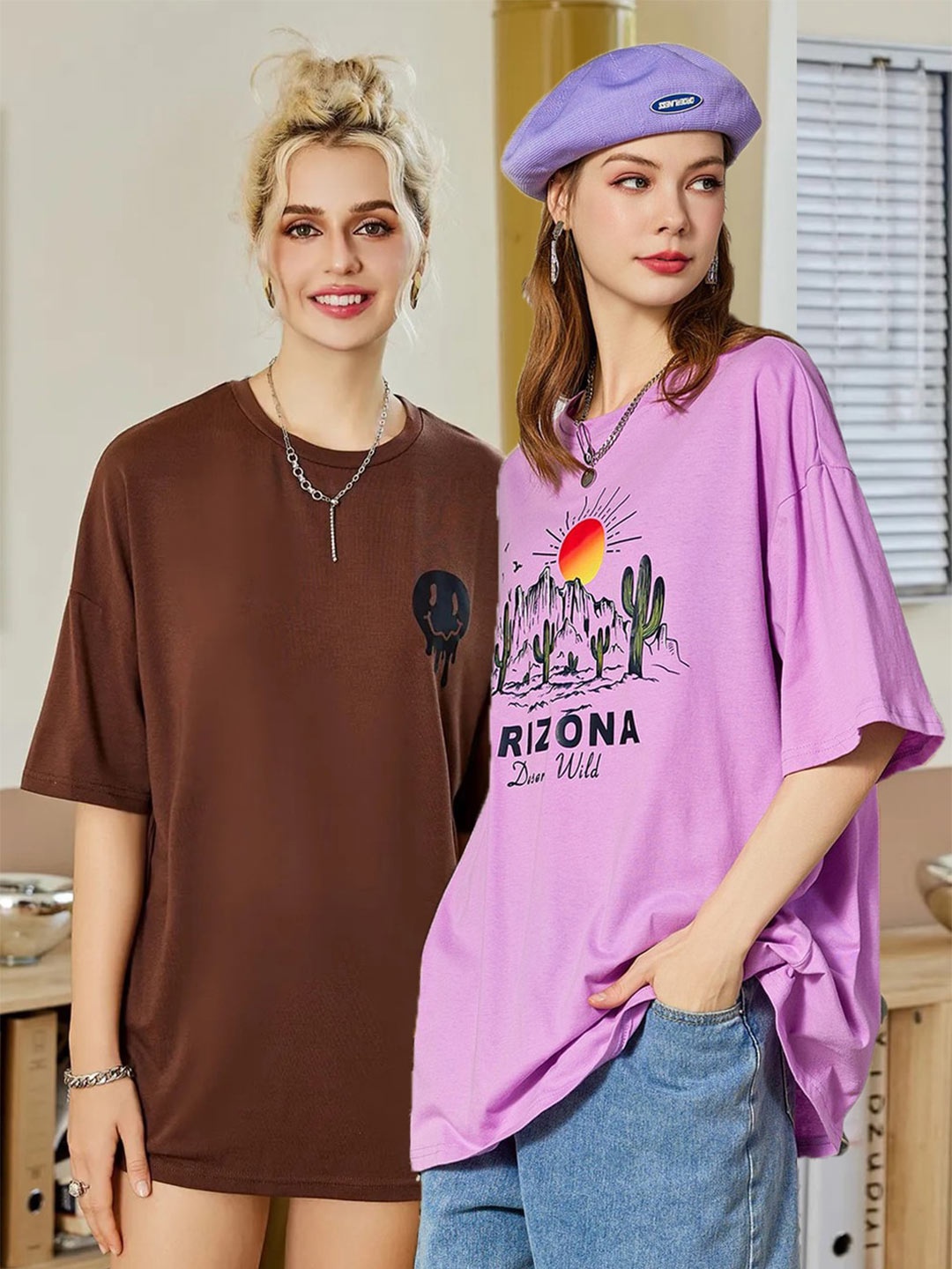 

Christy World Pack Of 2 Printed Drop Shoulder Cotton Oversized T-shirt, Maroon