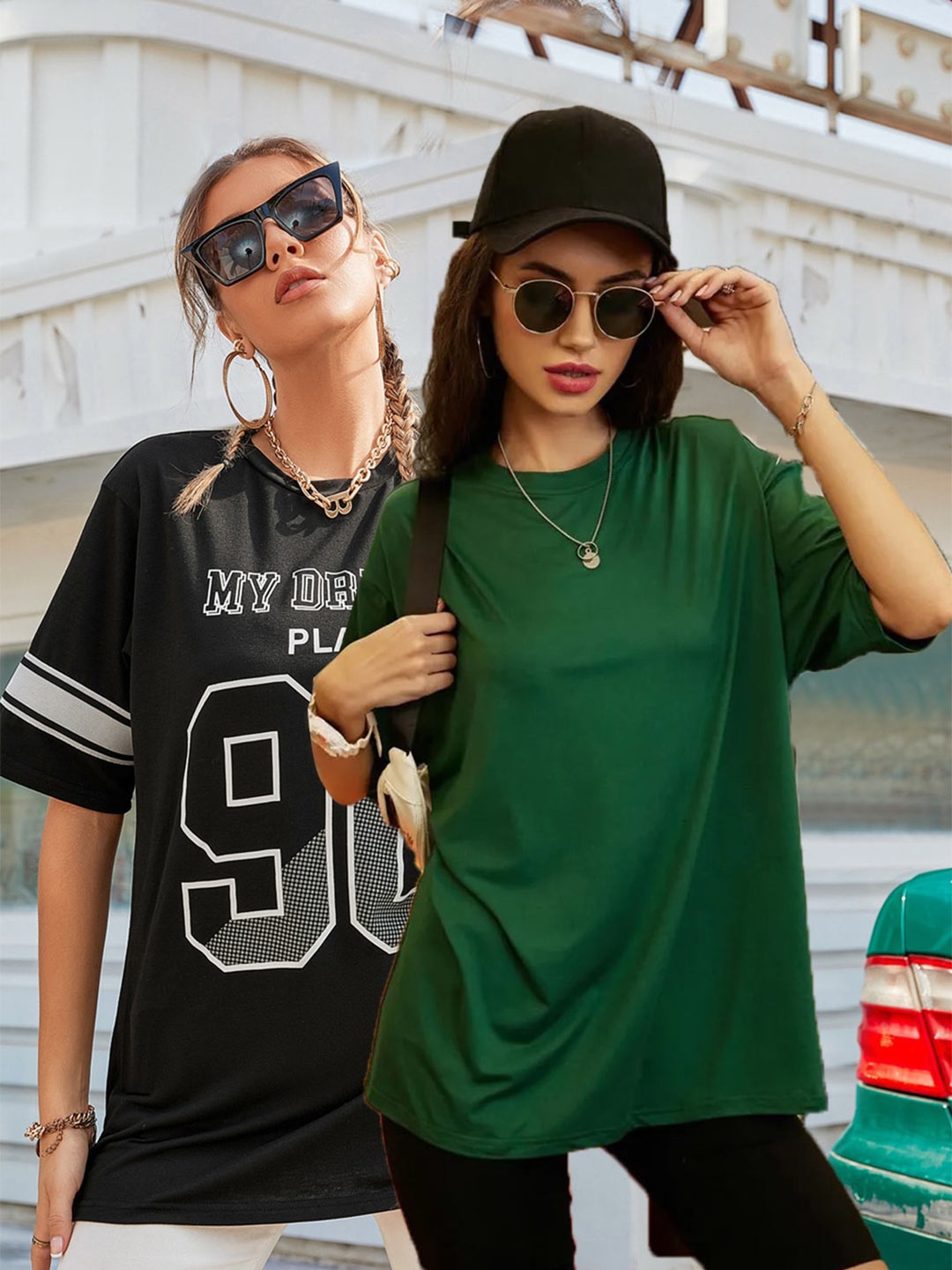 

Christy World Pack Of 2 Printed Oversized Cotton T-shirts, Green