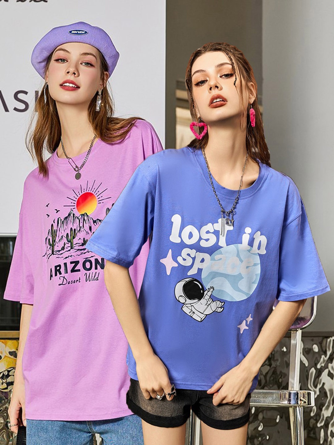 

Christy World Pack of 2 Typography Printed Oversized T-shirt, Purple