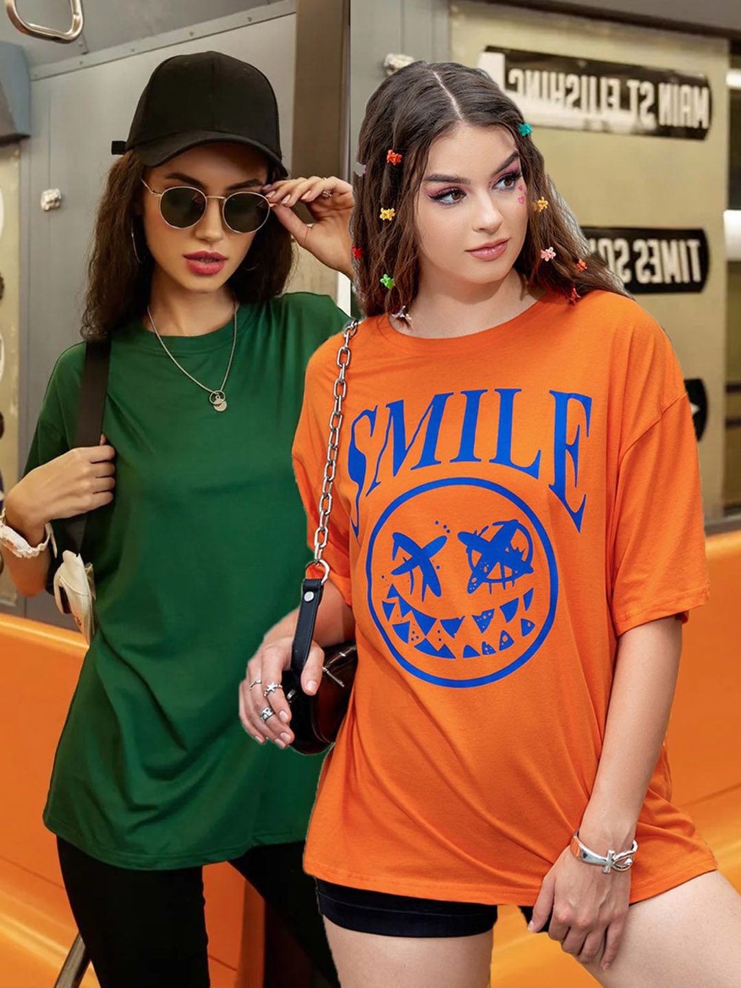 

Christy World Women Pack of 2 Printed Oversized Cotton T-shirts, Green