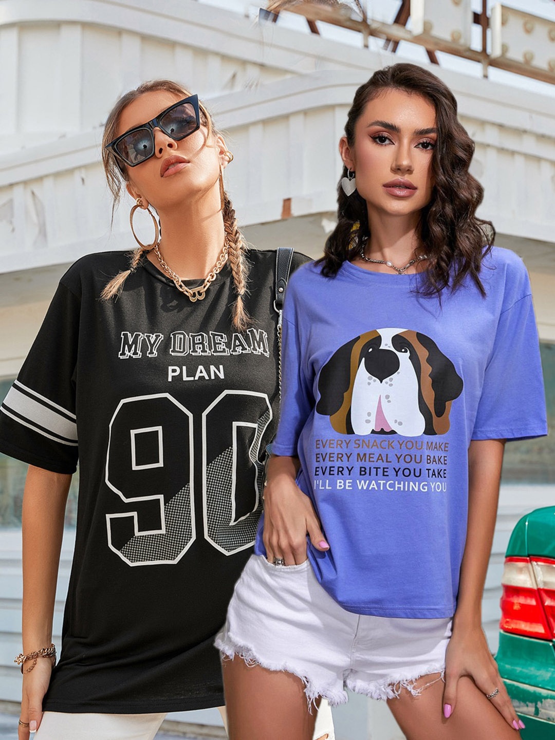 

Christy World Pack Of 2 Printed Oversized Cotton T-shirts, Black