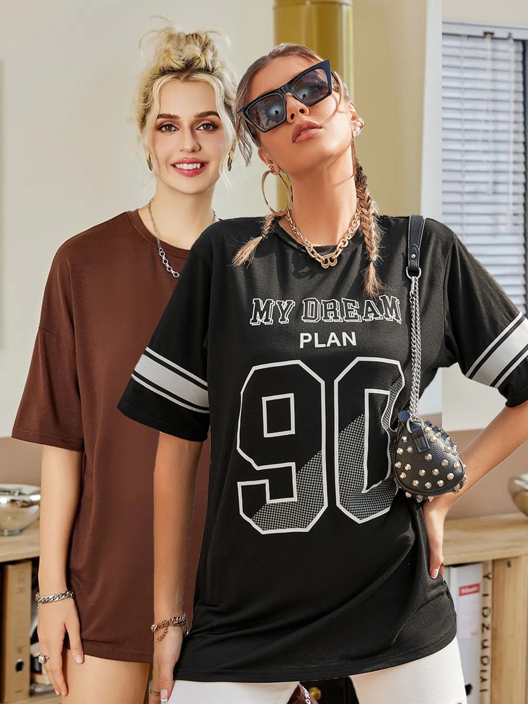 

Christy World Women Pack of 2 Printed Oversized Cotton T-shirts, Brown