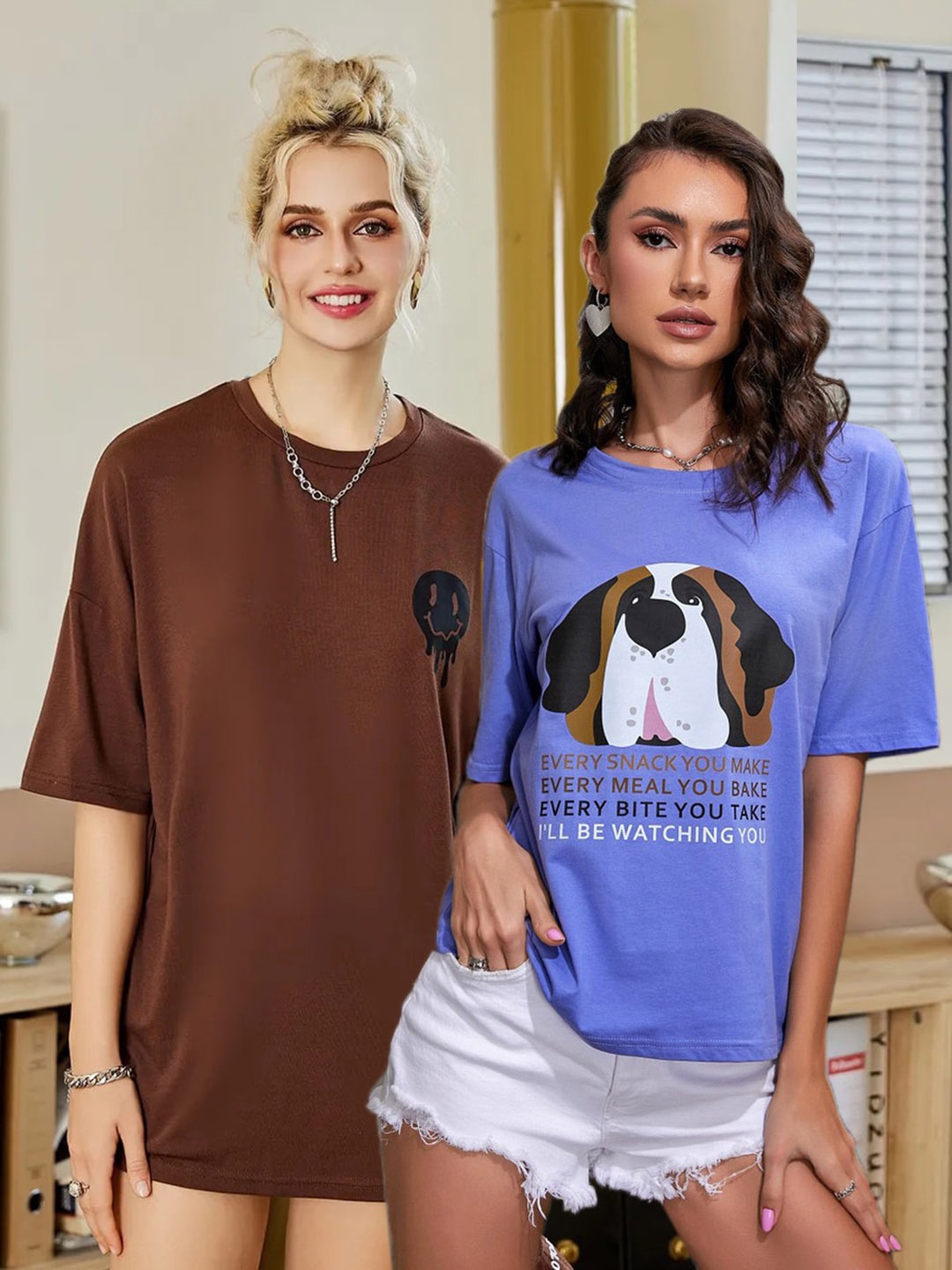 

Christy World Pack of 2 Typography Printed Oversized T-shirt, Brown