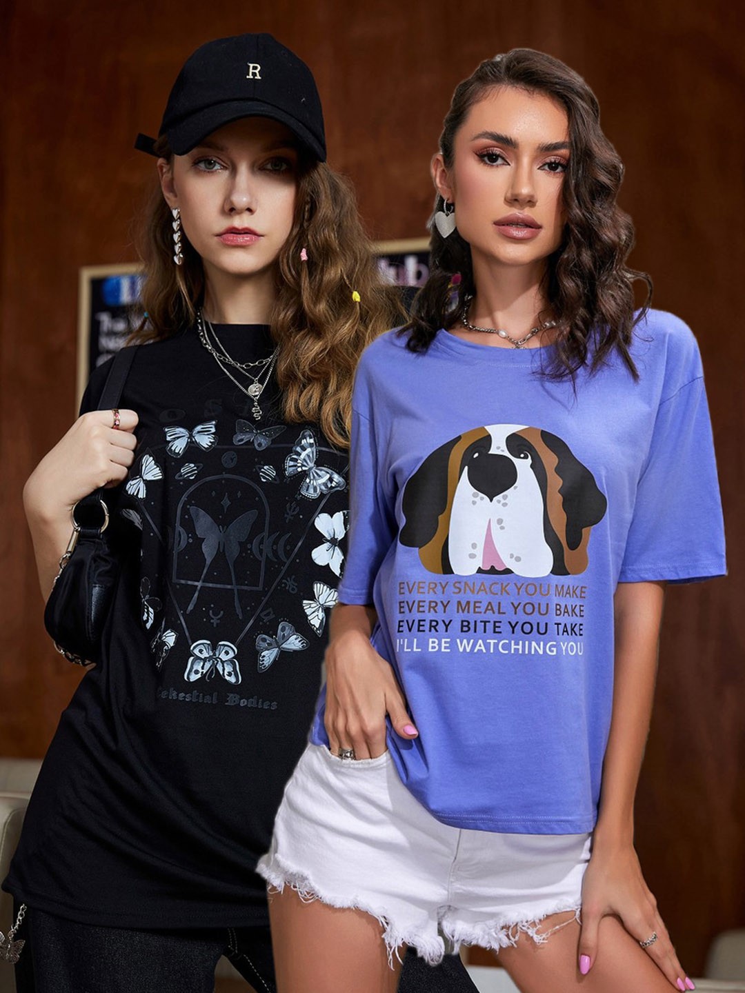 

Christy World Women Pack of 2 Printed Oversized Cotton T-shirts, Black