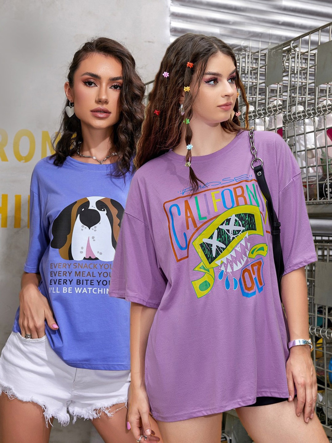 

Christy World Pack Of 2 Printed Drop Shoulder Cotton Oversized T-shirt, Blue