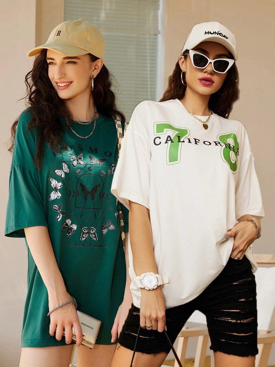 

Christy World Pack Of 2 Printed Oversized Cotton T-shirts, Green