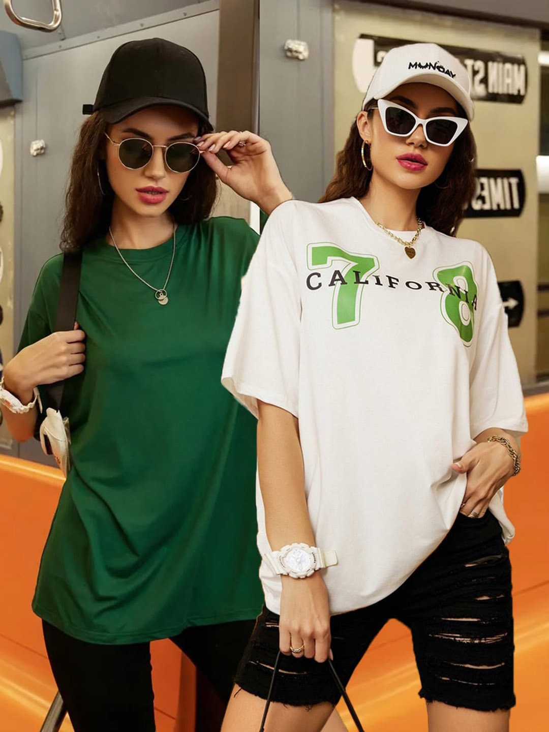 

Christy World Women Pack of 2 Printed Oversized Cotton T-shirts, White