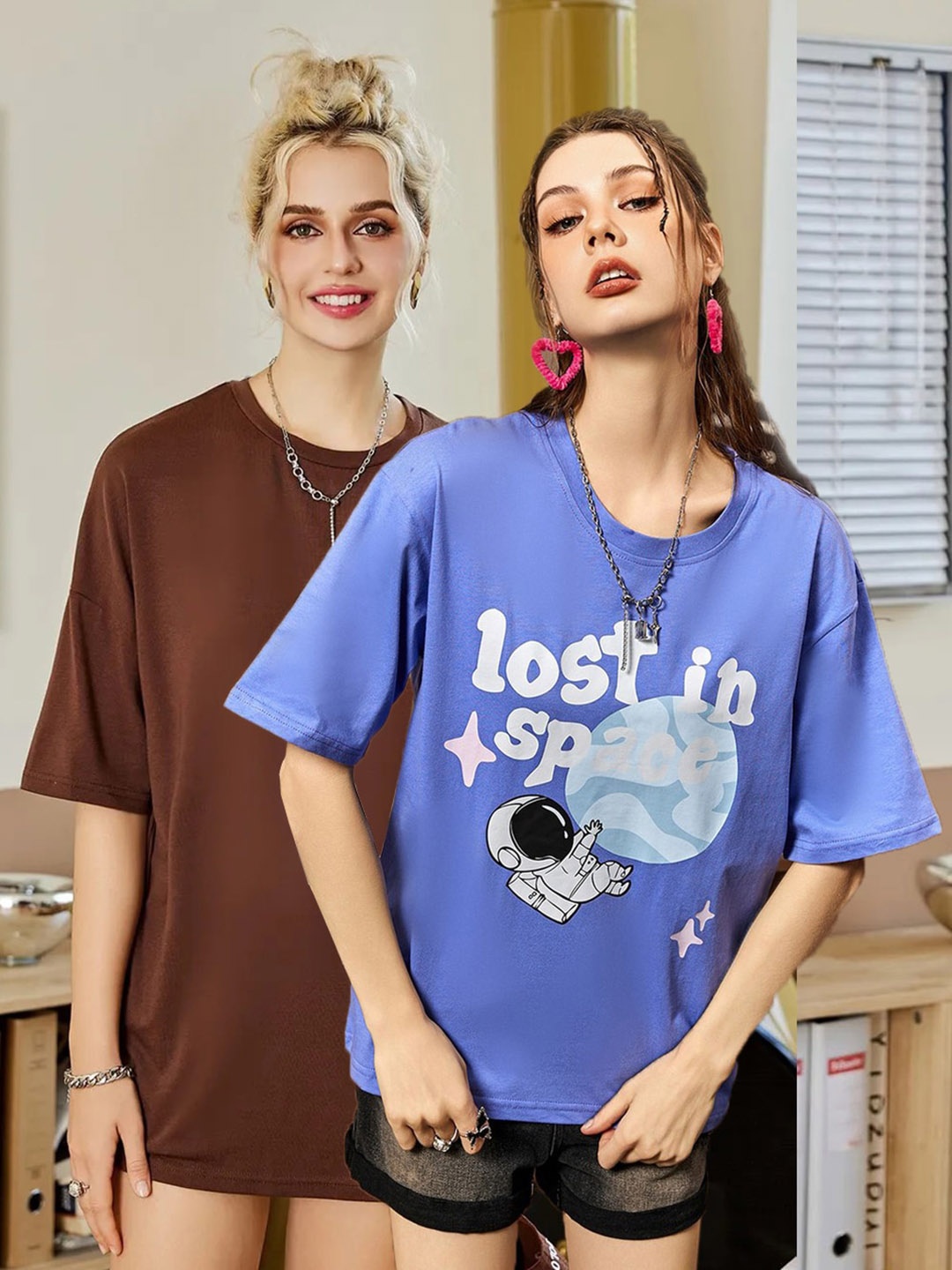 

Christy World Pack Of 2 Printed Oversized Cotton T-shirt, Purple