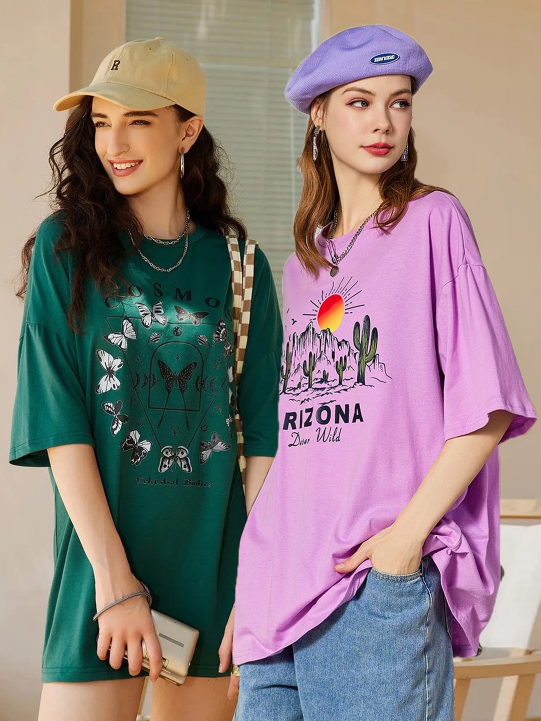 

Christy World Women Pack of 2 Printed Oversized Cotton T-shirts, Green