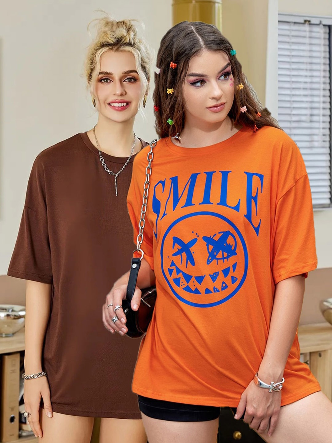 

Christy World Pack Of 2 Printed Oversized Cotton T-shirts, Orange