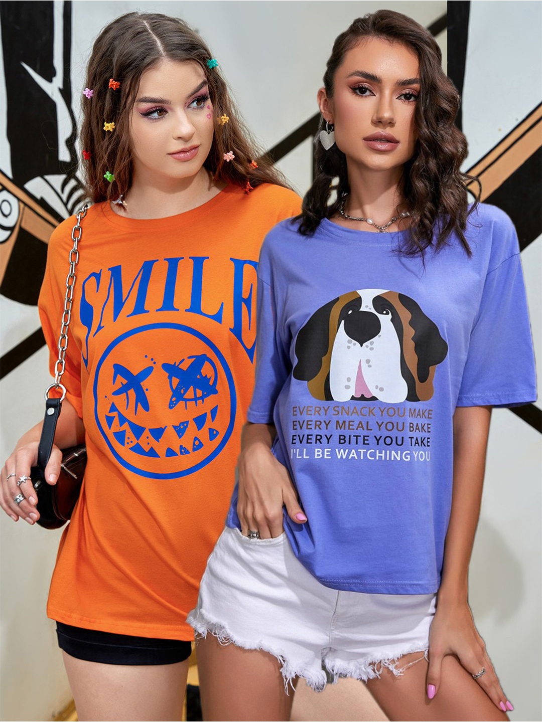 

Christy World Pack Of 2 Printed Drop Shoulder Cotton Oversized T-shirt, Orange
