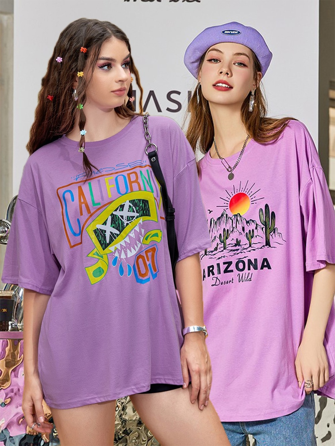 

Christy World Pack Of 2 Printed Drop Shoulder Cotton Oversized T-shirt, Purple