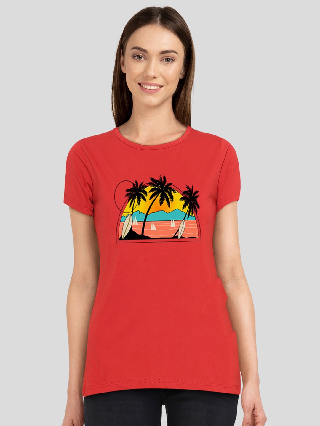 CHOZI Women Printed Cotton Bio Finish T-shirt, Red