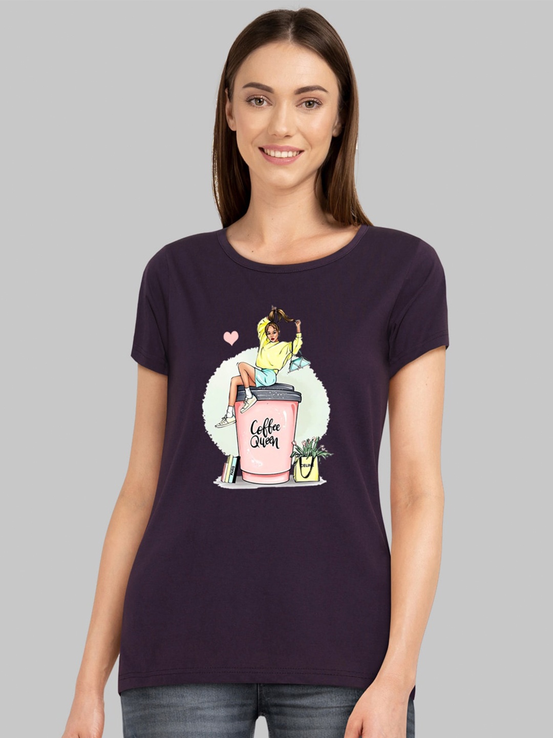 

CHOZI Graphic Printed Round Neck Bio Finish Cotton T-Shirt, Purple