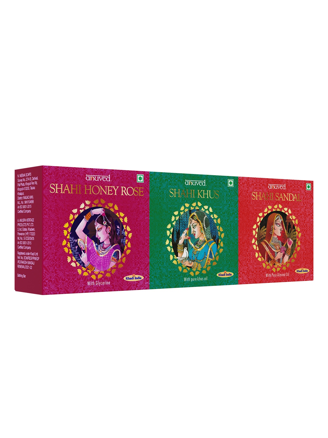 

Anuved Set of 3 Shahi Herbal Soaps 125g each - Honey Rose + Khus + Sandal, Pink