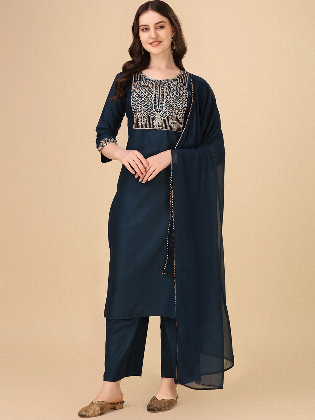 

Shree Ramkrishna Fab Ethnic Motifs Yoke Design Thread Work Kurta With Palazzos & Dupatta, Blue