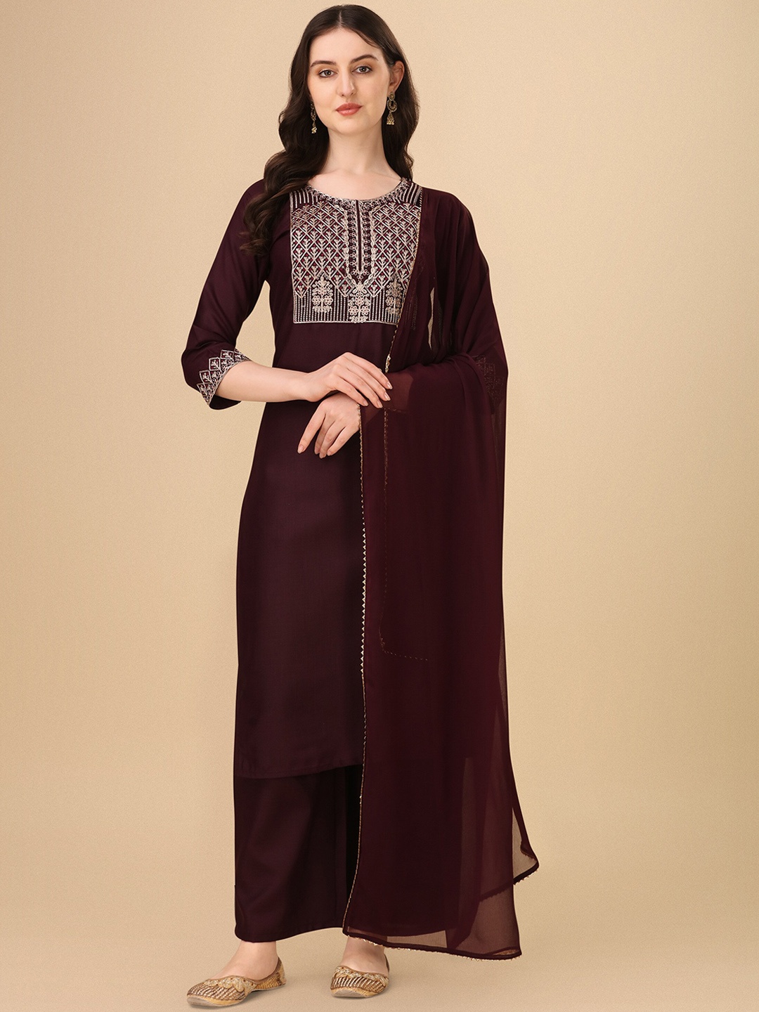 

Shree Ramkrishna Fab Floral Yoke Design Sequined Kurta with Palazzos & Dupatta, Maroon