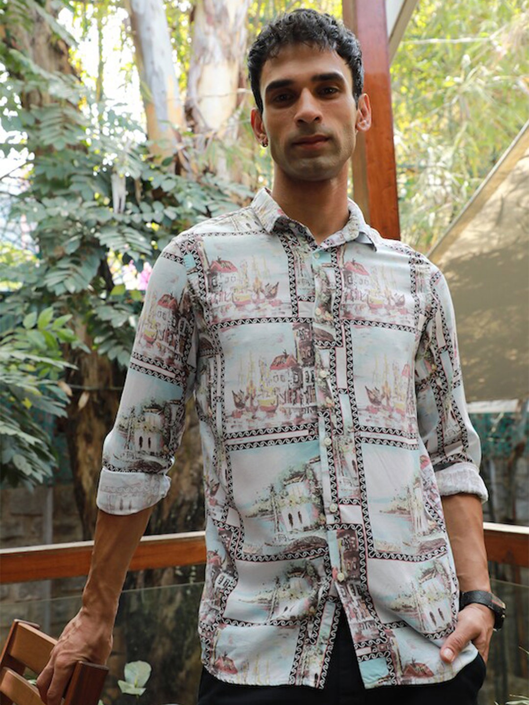 

POE Men Blue Smart Slim Fit Graphic Printed Casual Shirt