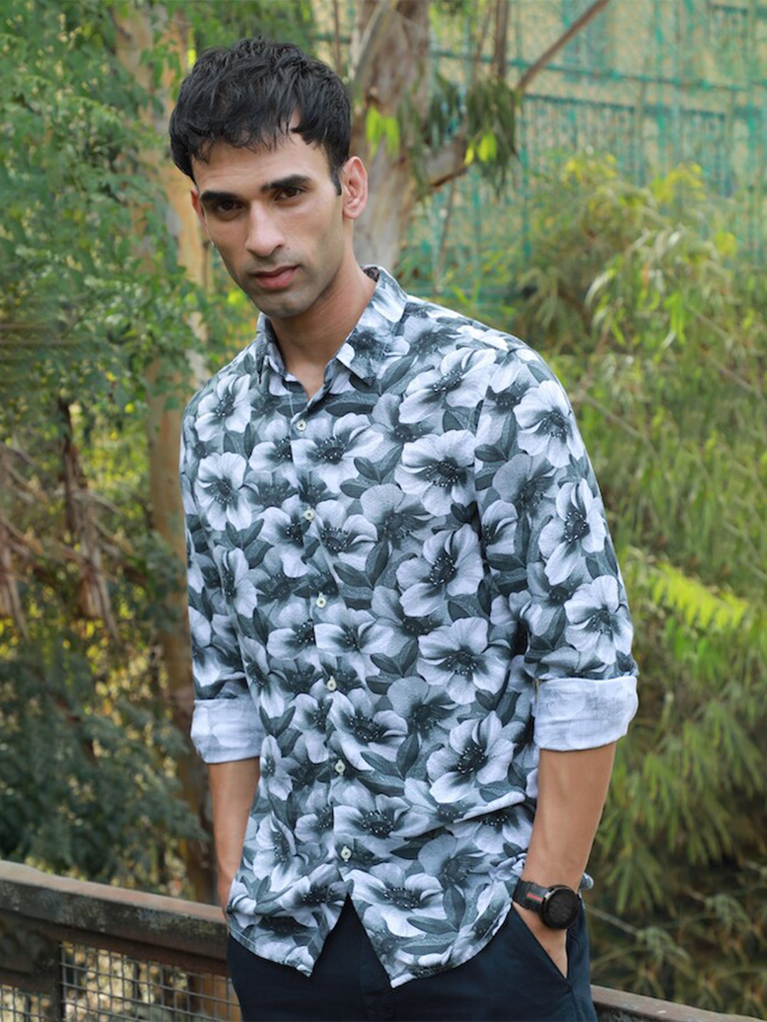 

POE Smart Slim Fit Opaque Printed Casual Shirt, Green