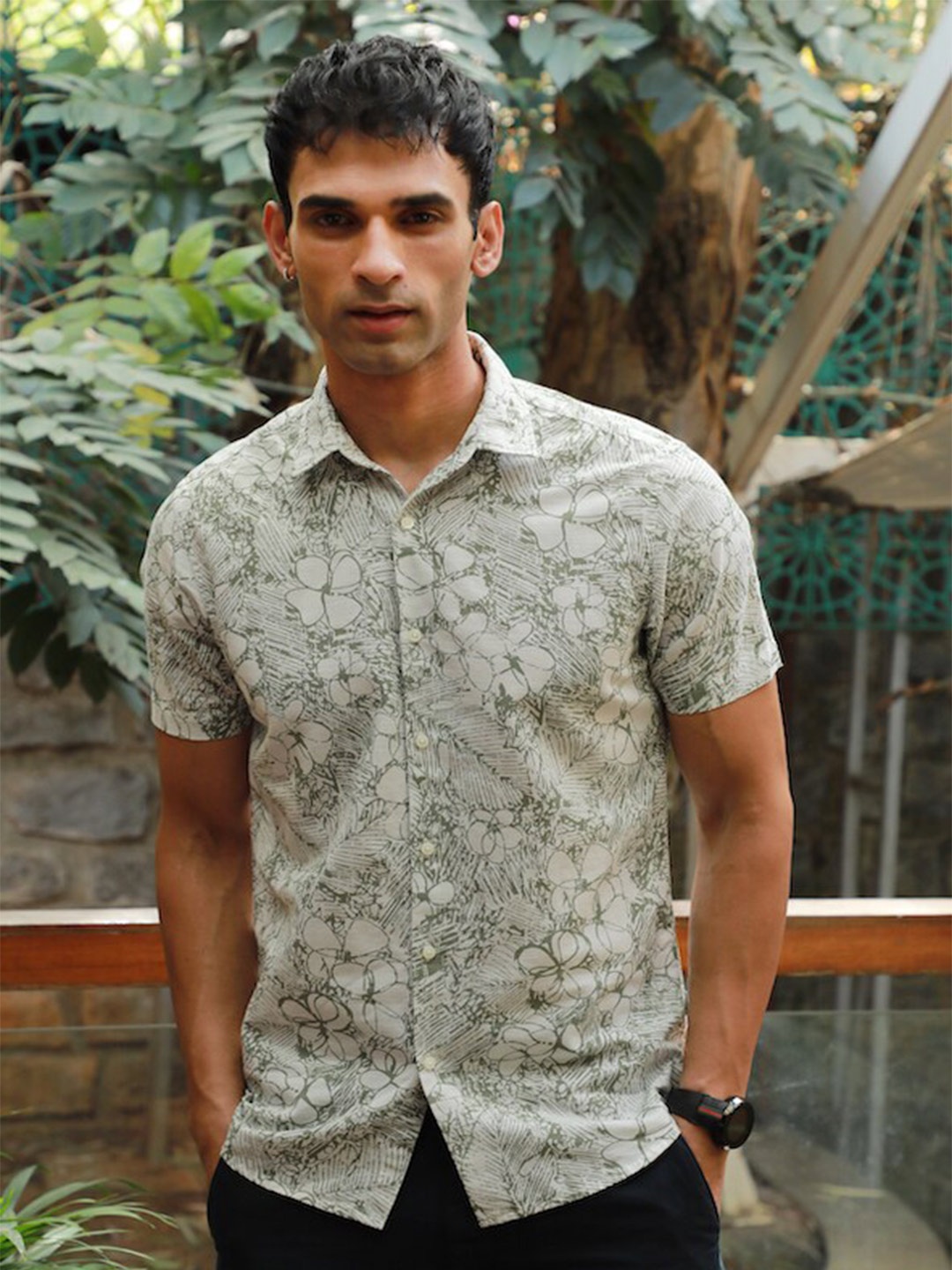 

POE Men Smart Slim Fit Printed Cotton Linen Casual Shirt, Green