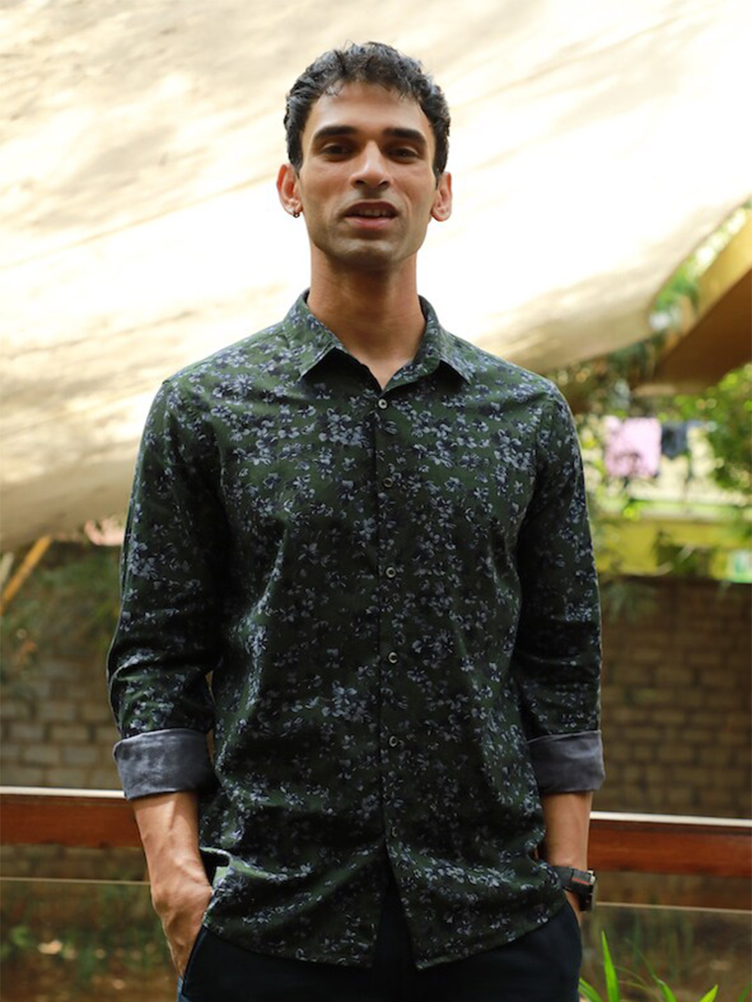 

POE Smart Slim Fit Floral Printed Pure Cotton Casual Shirt, Green