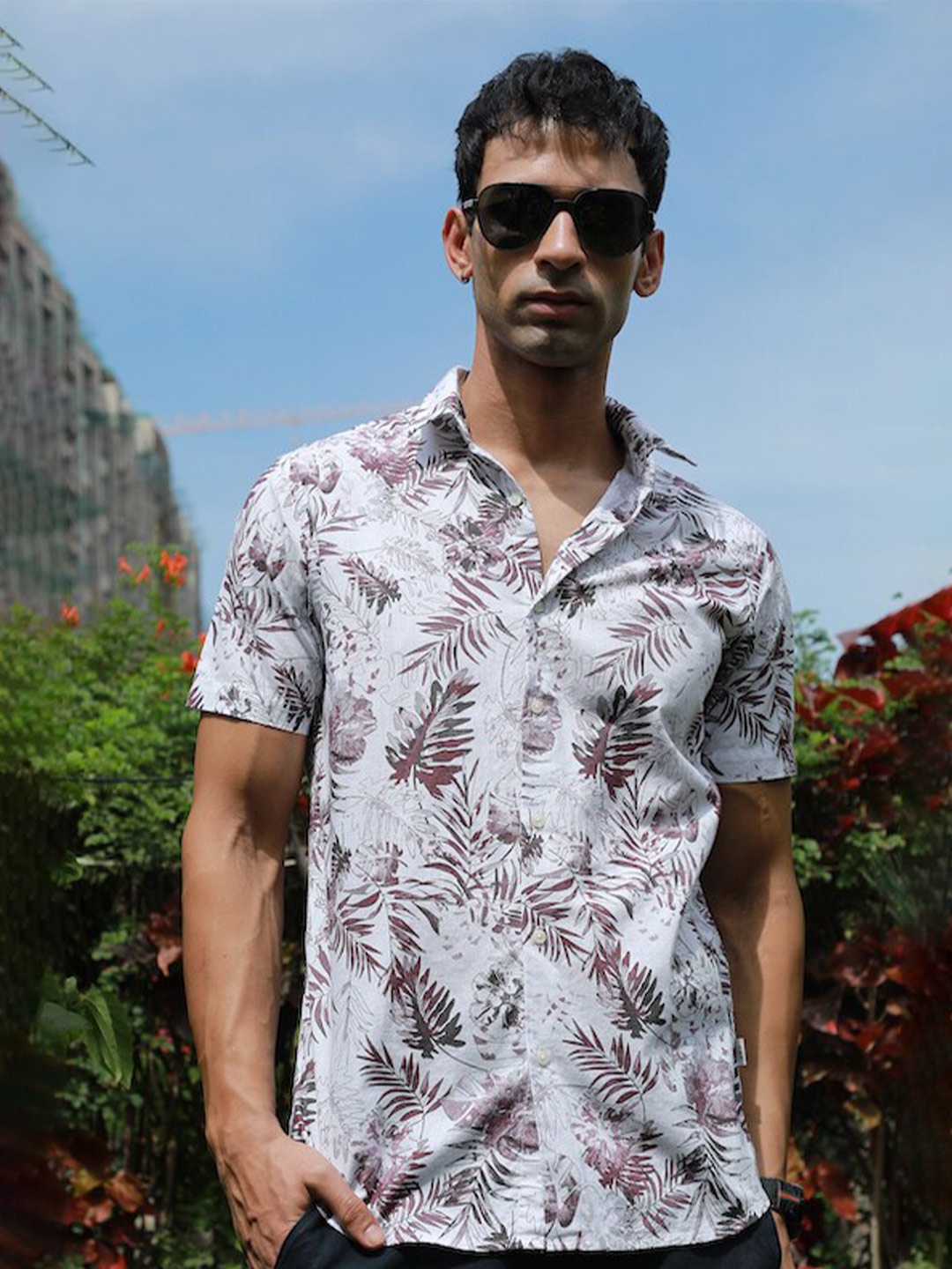 

POE Smart Slim Fit Floral Printed Pure Cotton Casual Shirt, Maroon