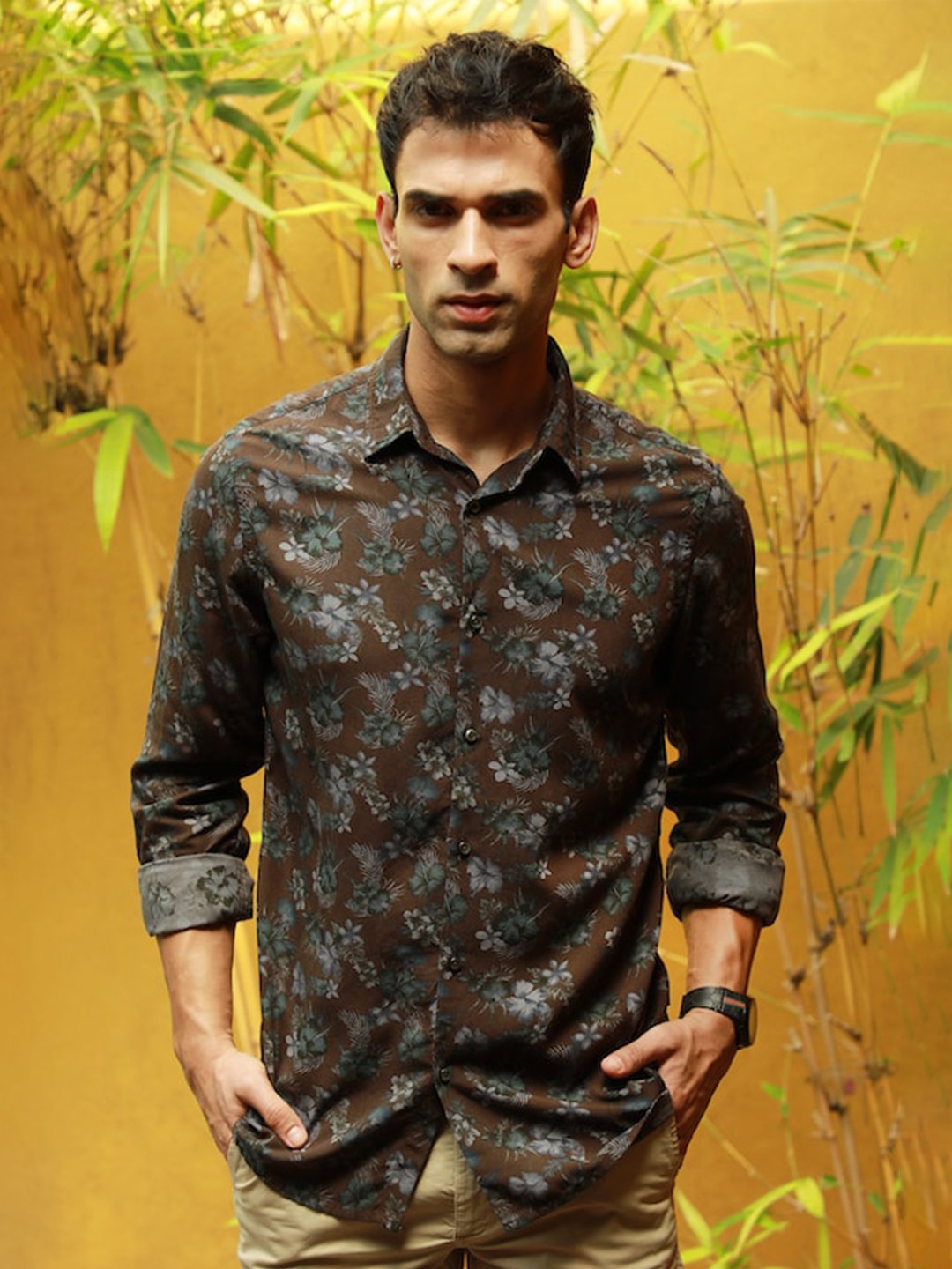 

POE Men Smart Slim Fit Printed Pure Cotton Casual Shirt, Brown