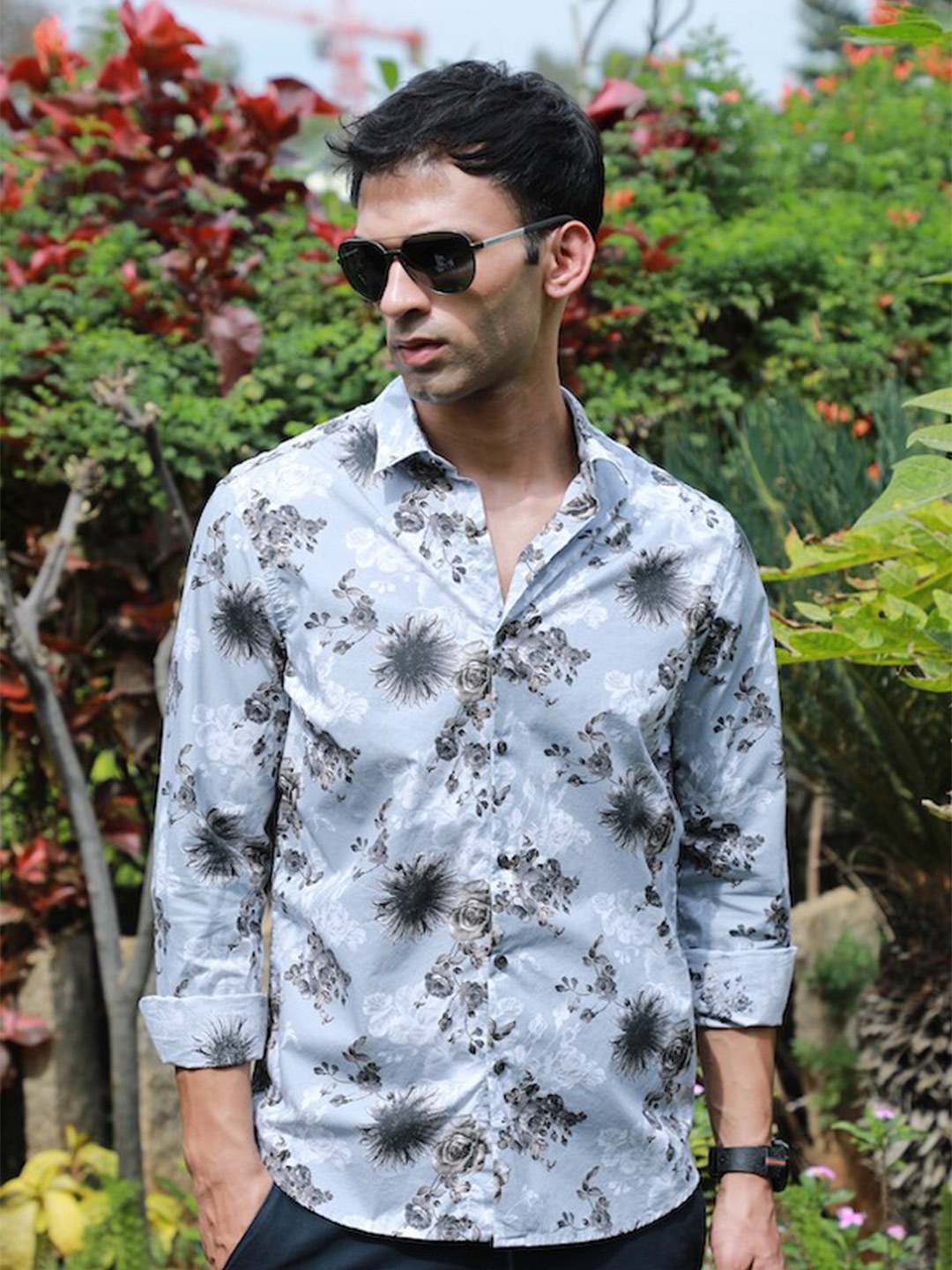 

POE Smart Slim Fit Floral Printed Pure Cotton Casual Shirt, Grey