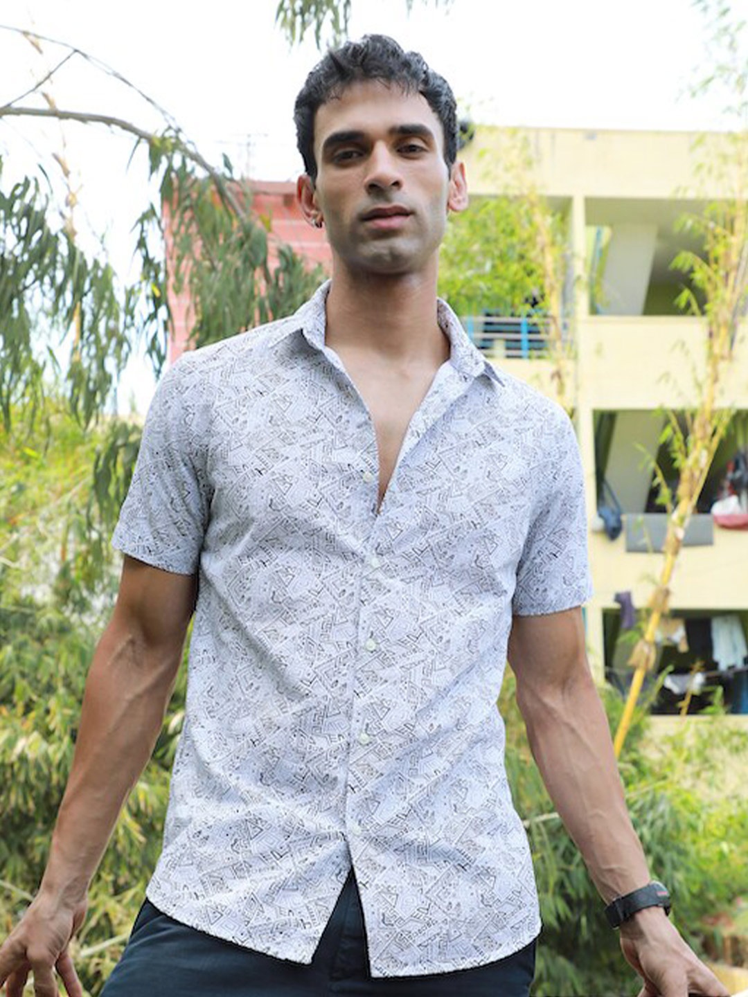

POE Smart Slim Fit Geometric Printed Casual Shirt, Grey