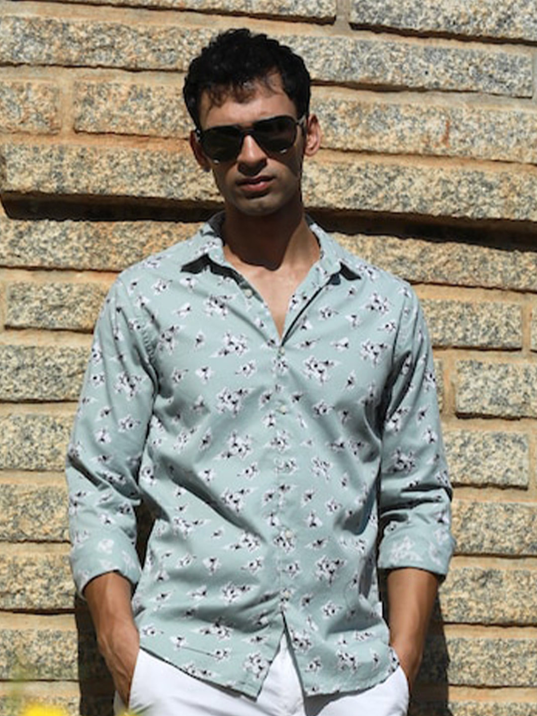 

POE Smart Slim Fit Opaque Floral Printed Casual Pure Cotton Shirt, Green