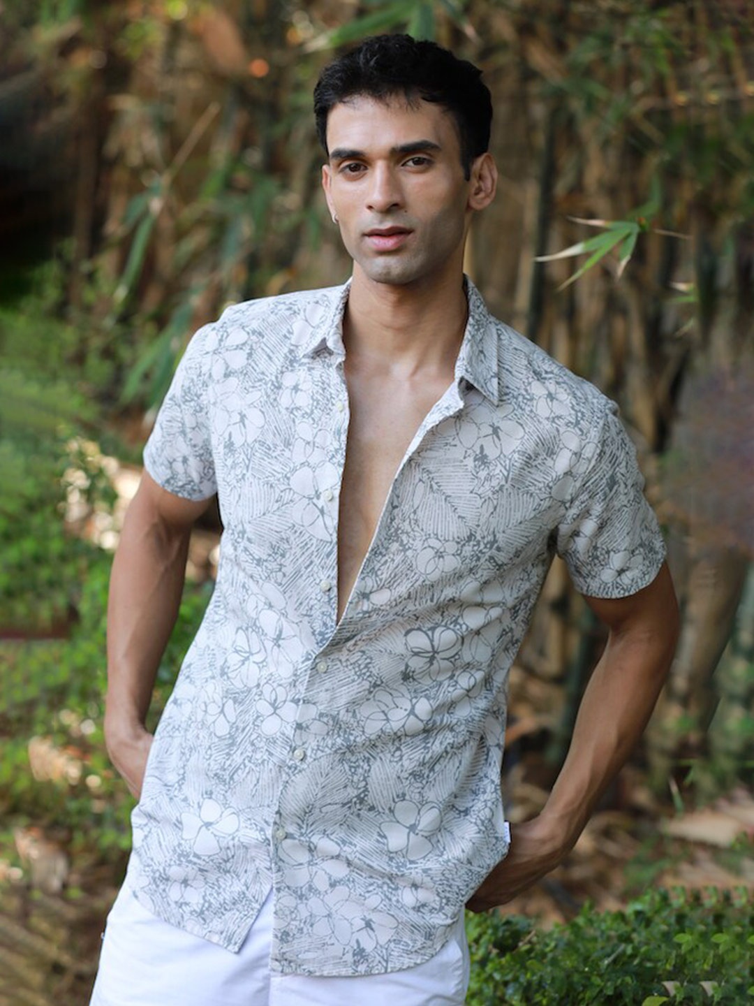 

POE Smart Slim Fit Floral Printed Casual Shirt, Grey