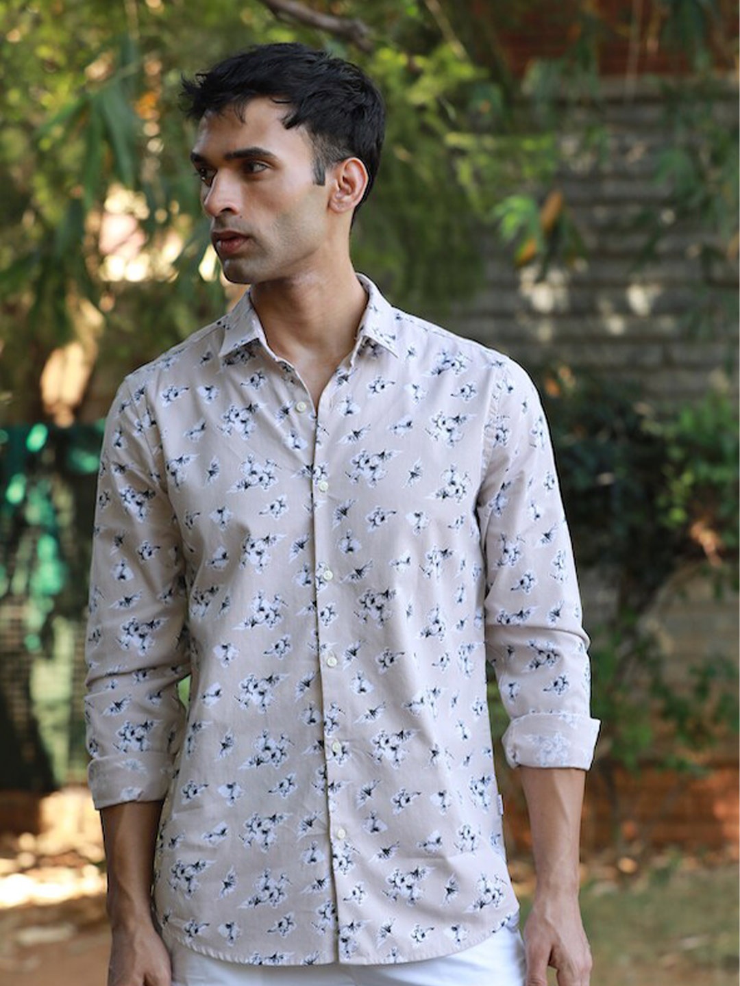 

POE Smart Slim Fit Floral Printed Pure Cotton Casual Shirt, Beige