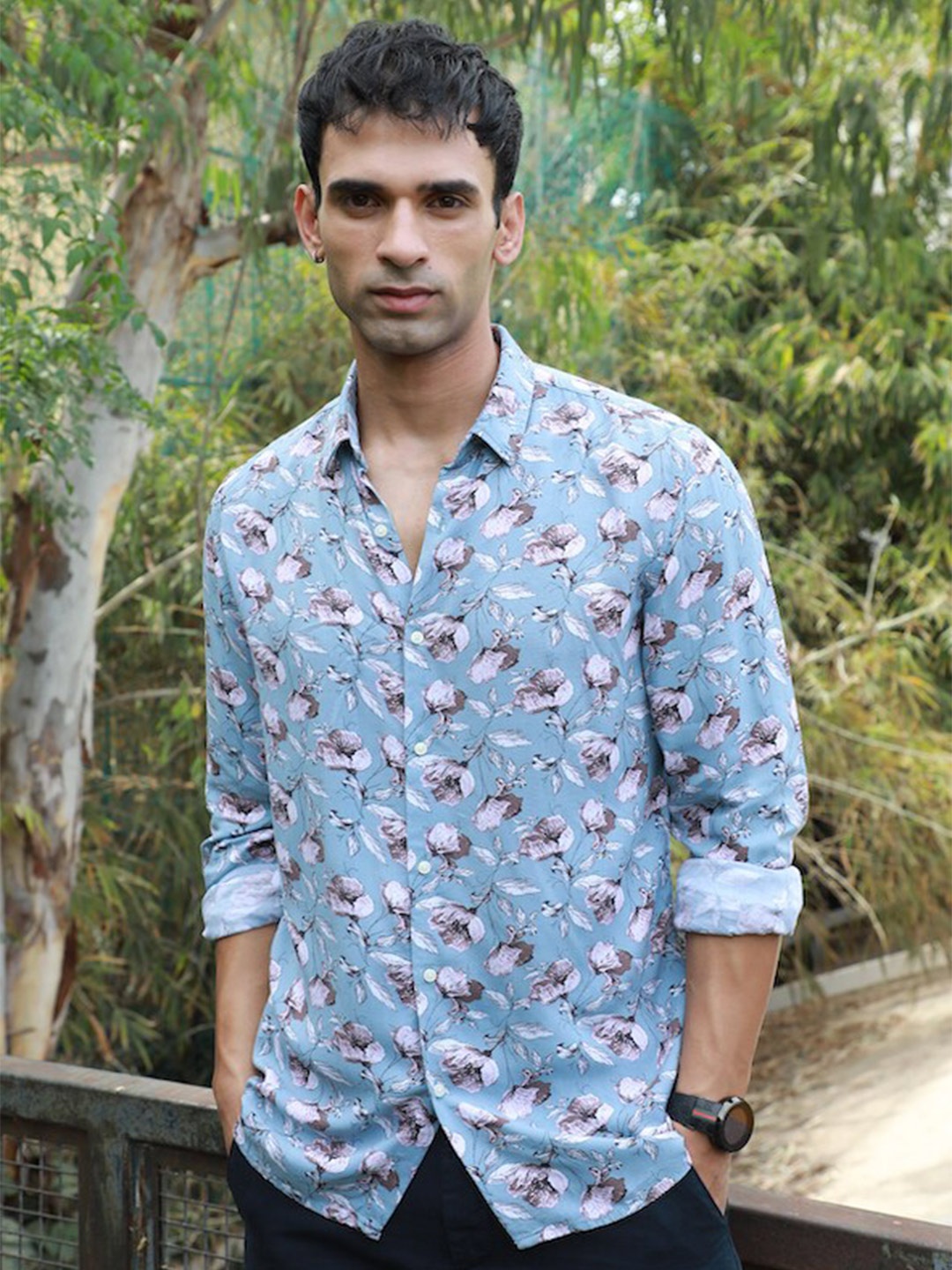 

POE Men Smart Slim Fit Printed Casual Shirt, Blue