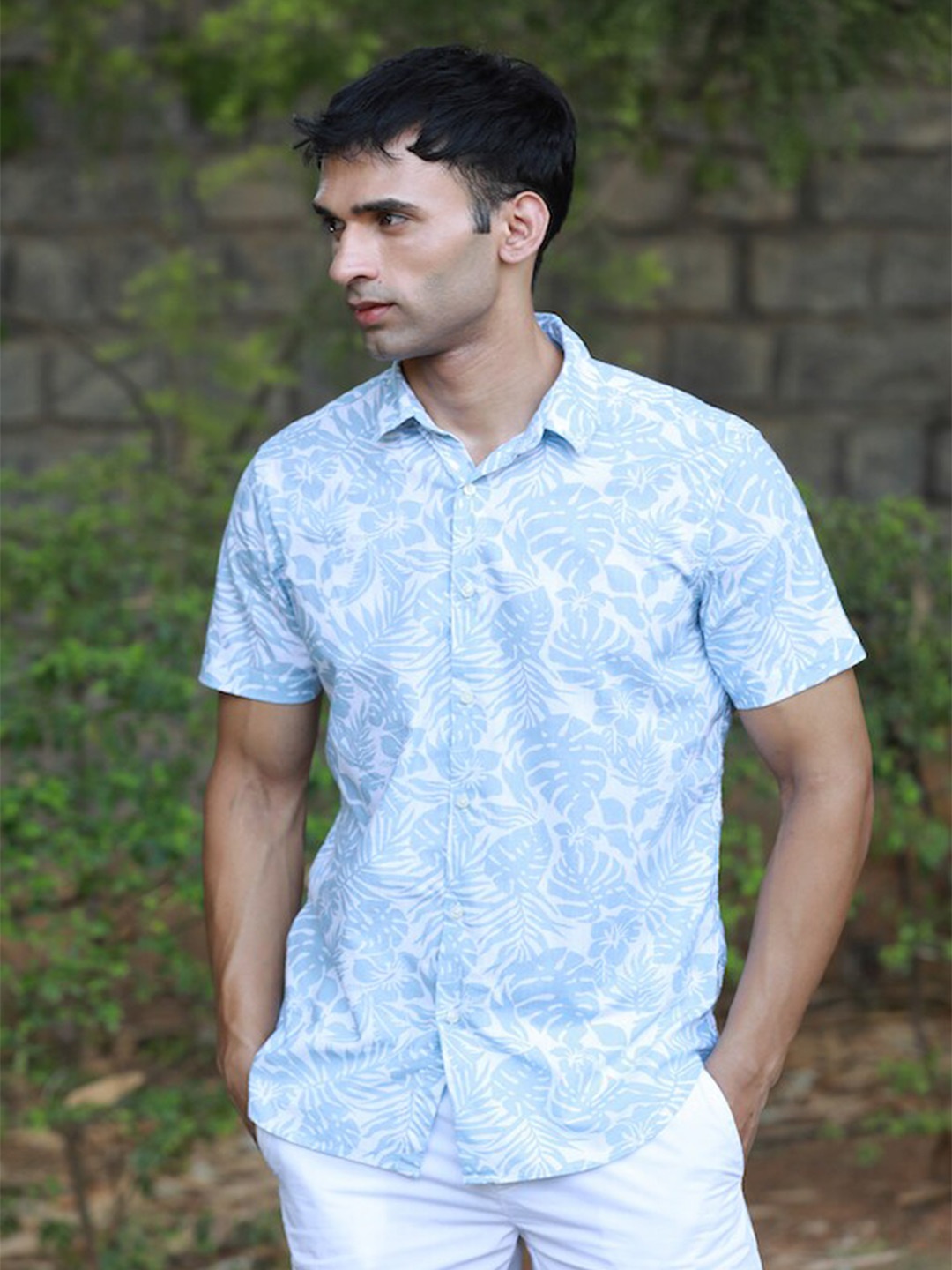 

POE Smart Slim Fit Tropical Printed Pure Cotton Casual Shirt, Blue