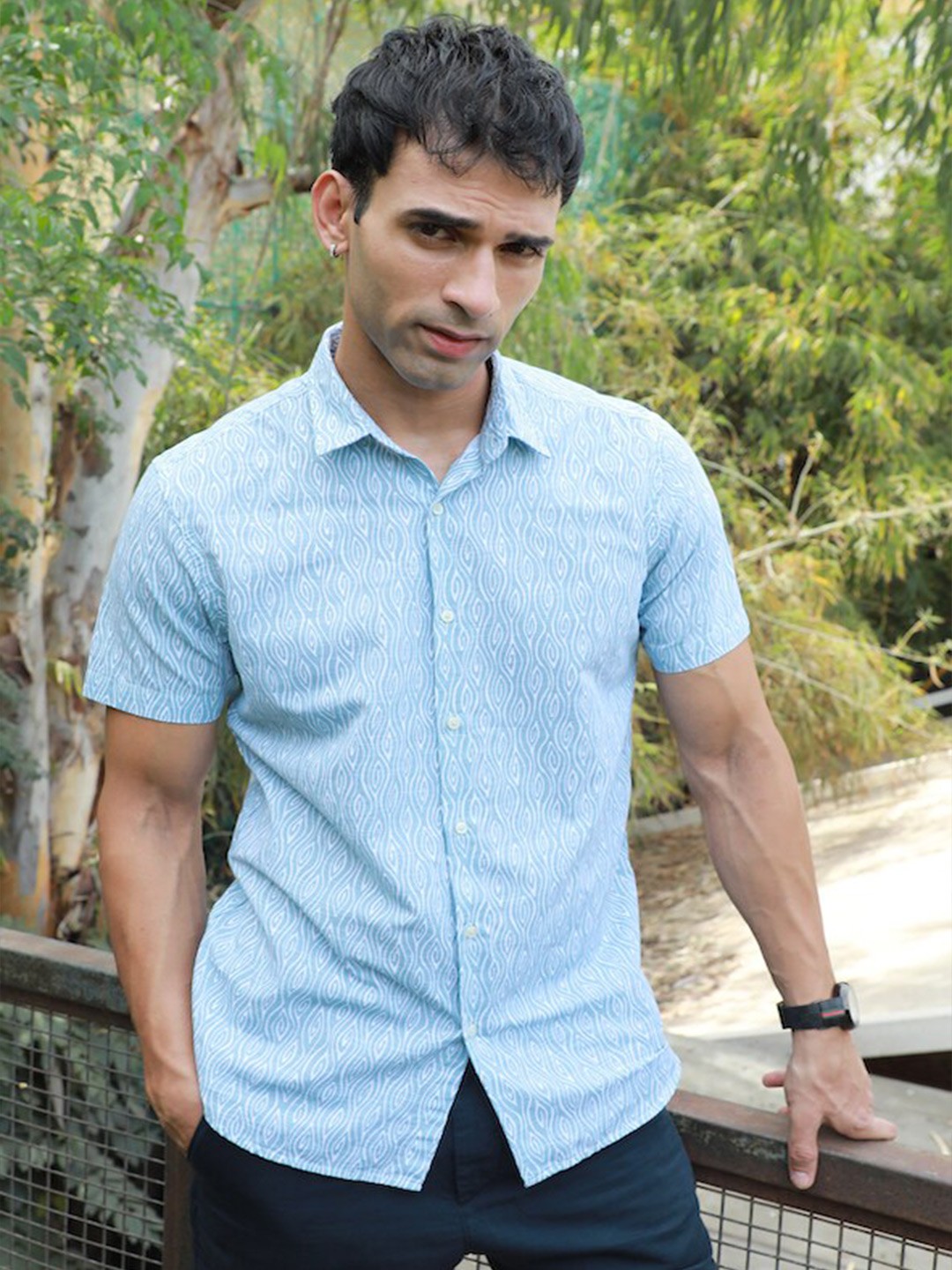 

POE Ethnic Motifs Printed Smart Slim Fit Casual Cotton Linen Shirt, Blue