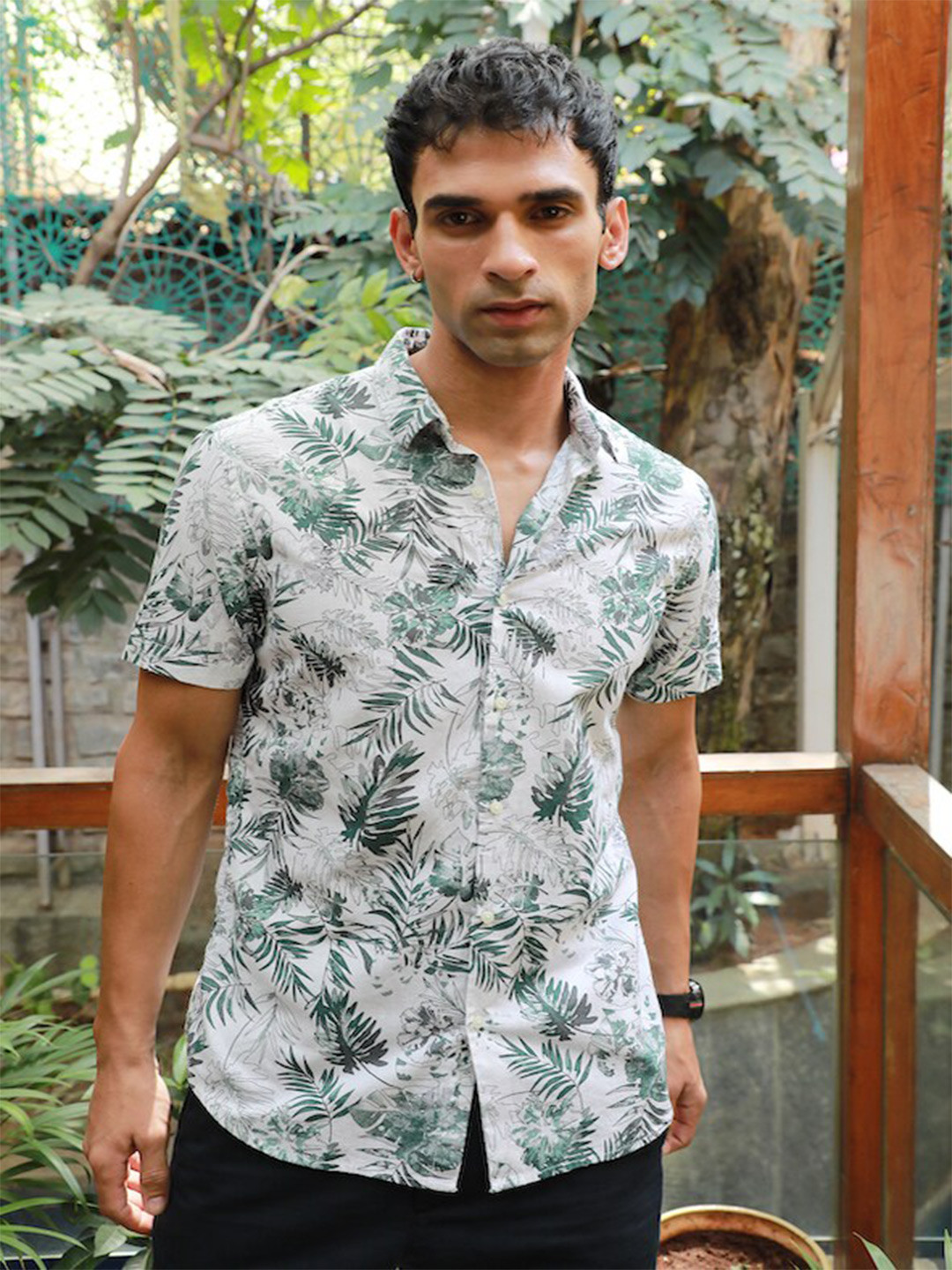 

POE Smart Slim Fit Tropical Printed Pure Cotton Casual Shirt, Green