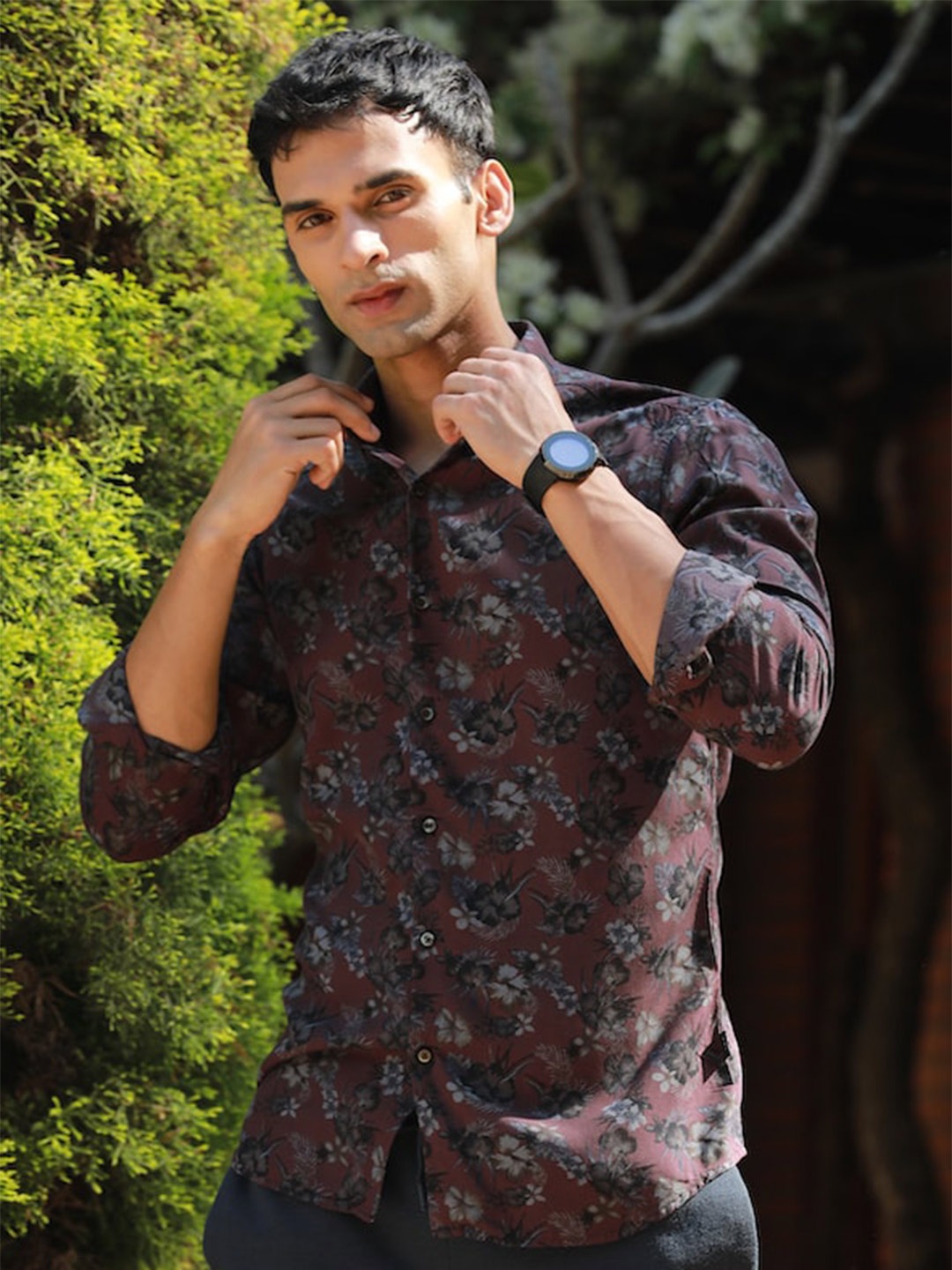 

POE Smart Slim Fit Floral Printed Casual Shirt, Maroon